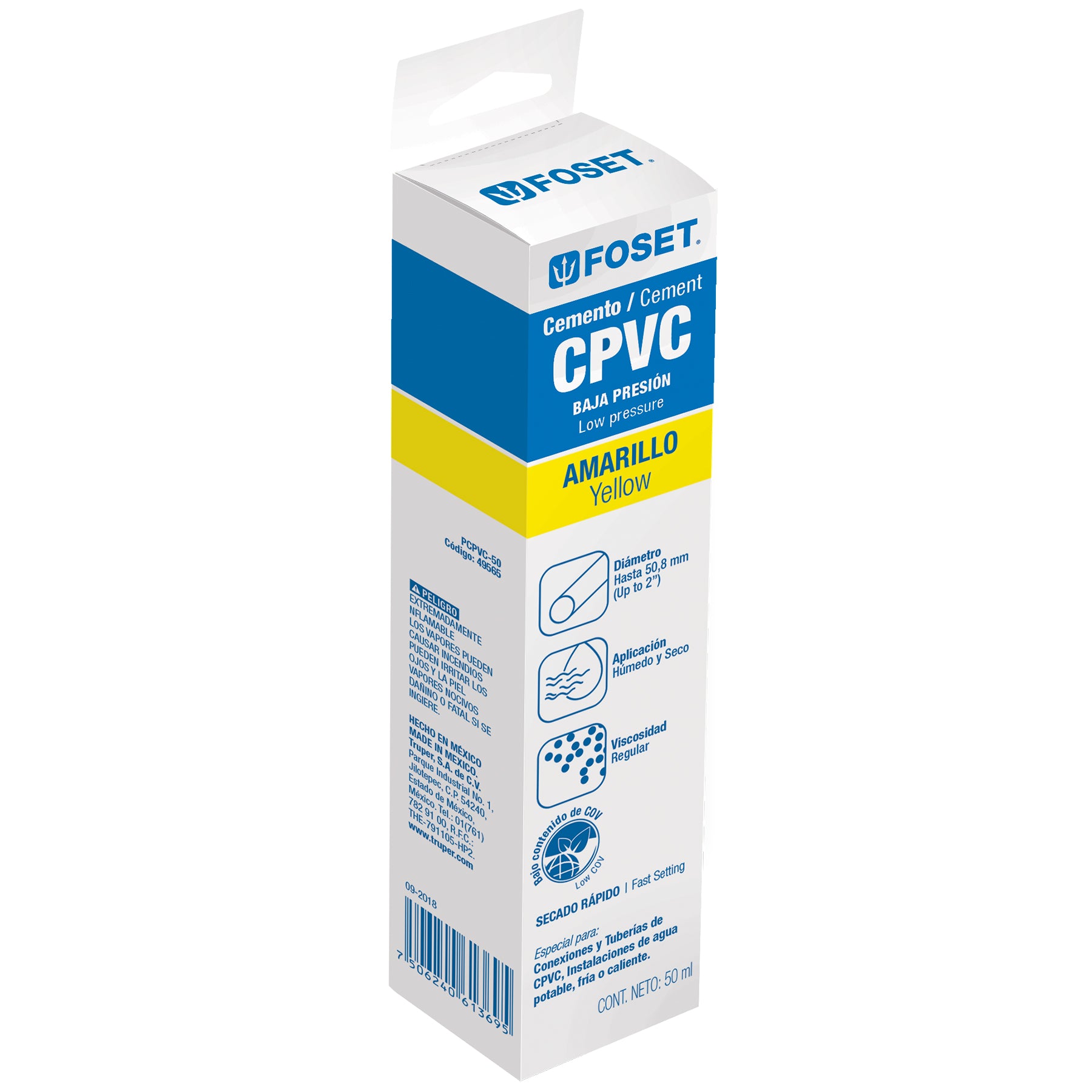 Cemento para CPVC, amarillo, toda presión, tubo 50ml, Foset