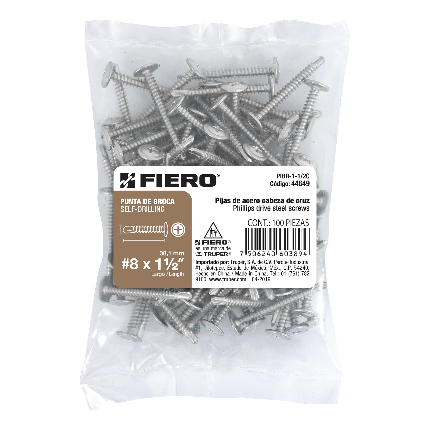 Bolsa con 100 pijas cabeza cruz, punta de broca 1-1/2"