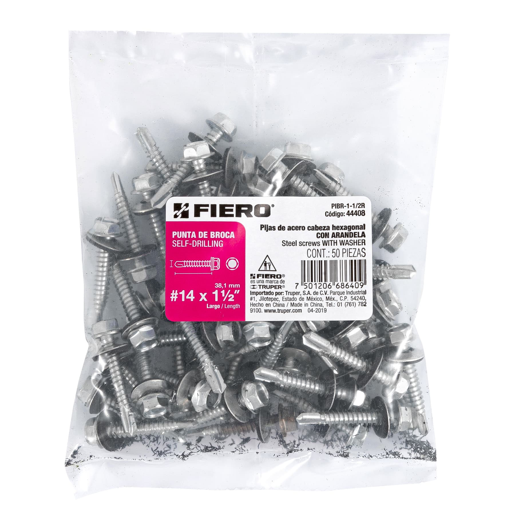 Bolsa con 50 pijas 1-1/2" hexagonal, punta broca con rondana