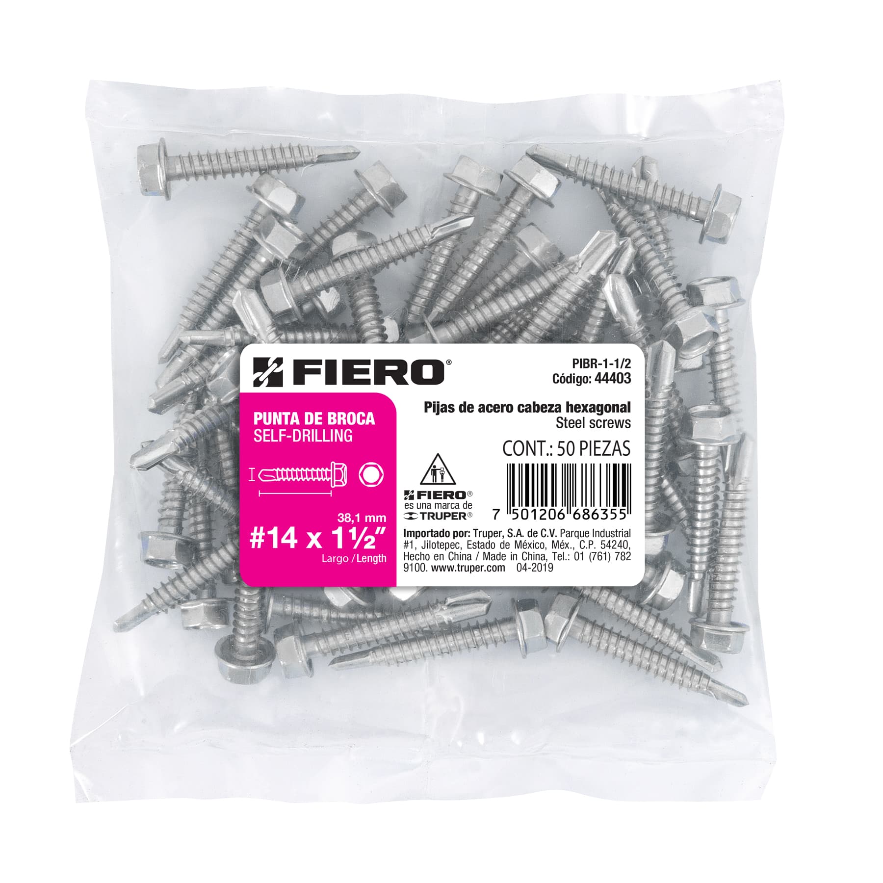 Bolsa con 50 pijas 1-1/2" cabeza hexagonal, punta de broca