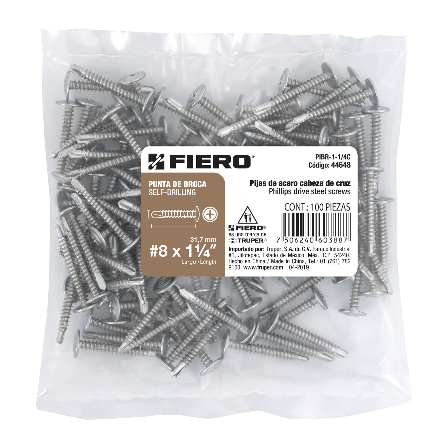 Bolsa con 100 pijas cabeza cruz, punta de broca 1-1/4"