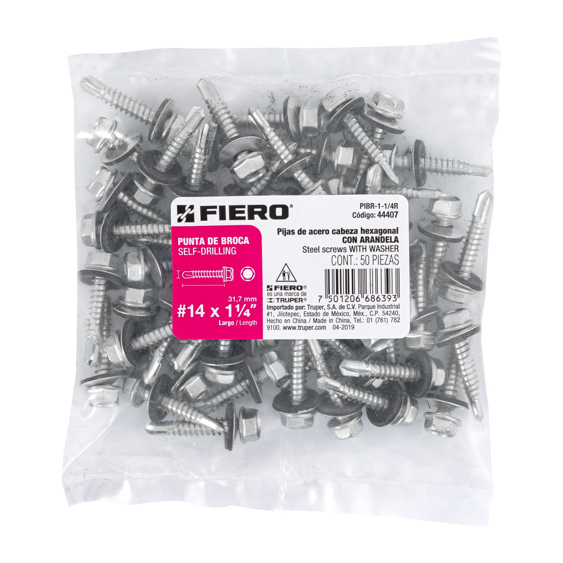 Bolsa con 50 pijas 1-1/4" hexagonal, punta broca con rondana