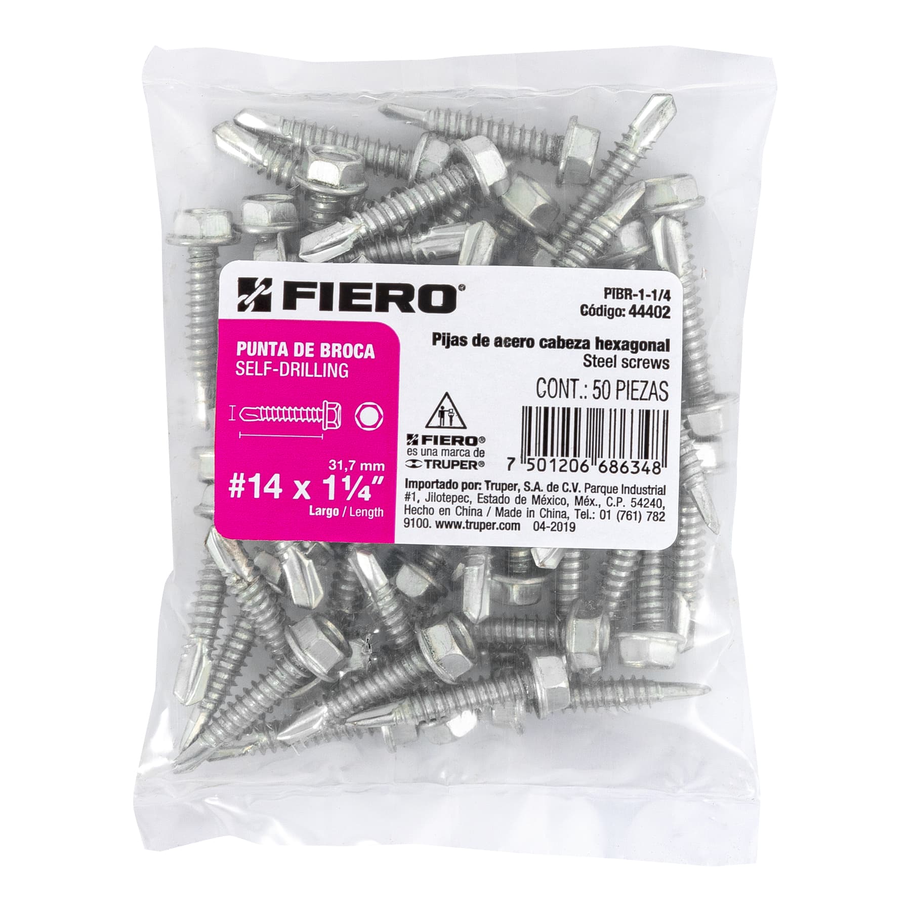 Bolsa con 50 pijas 1-1/4" cabeza hexagonal, punta de broca