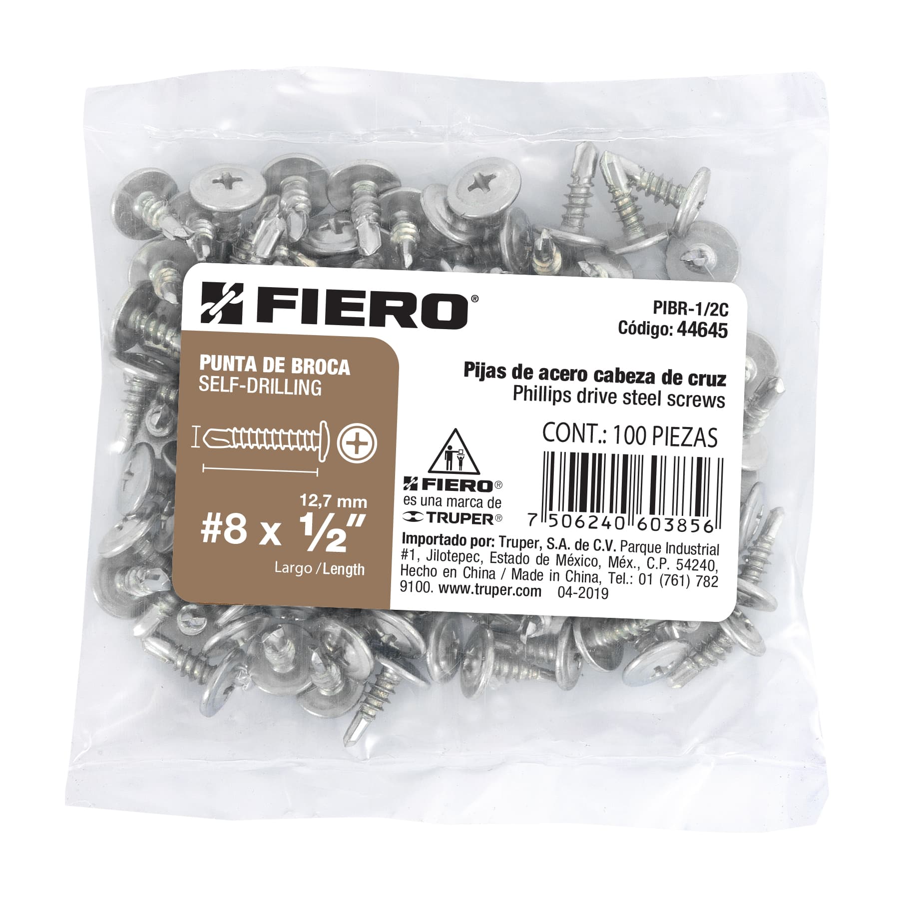 Bolsa con 100 pijas cabeza cruz, punta de broca 1/2", Fiero