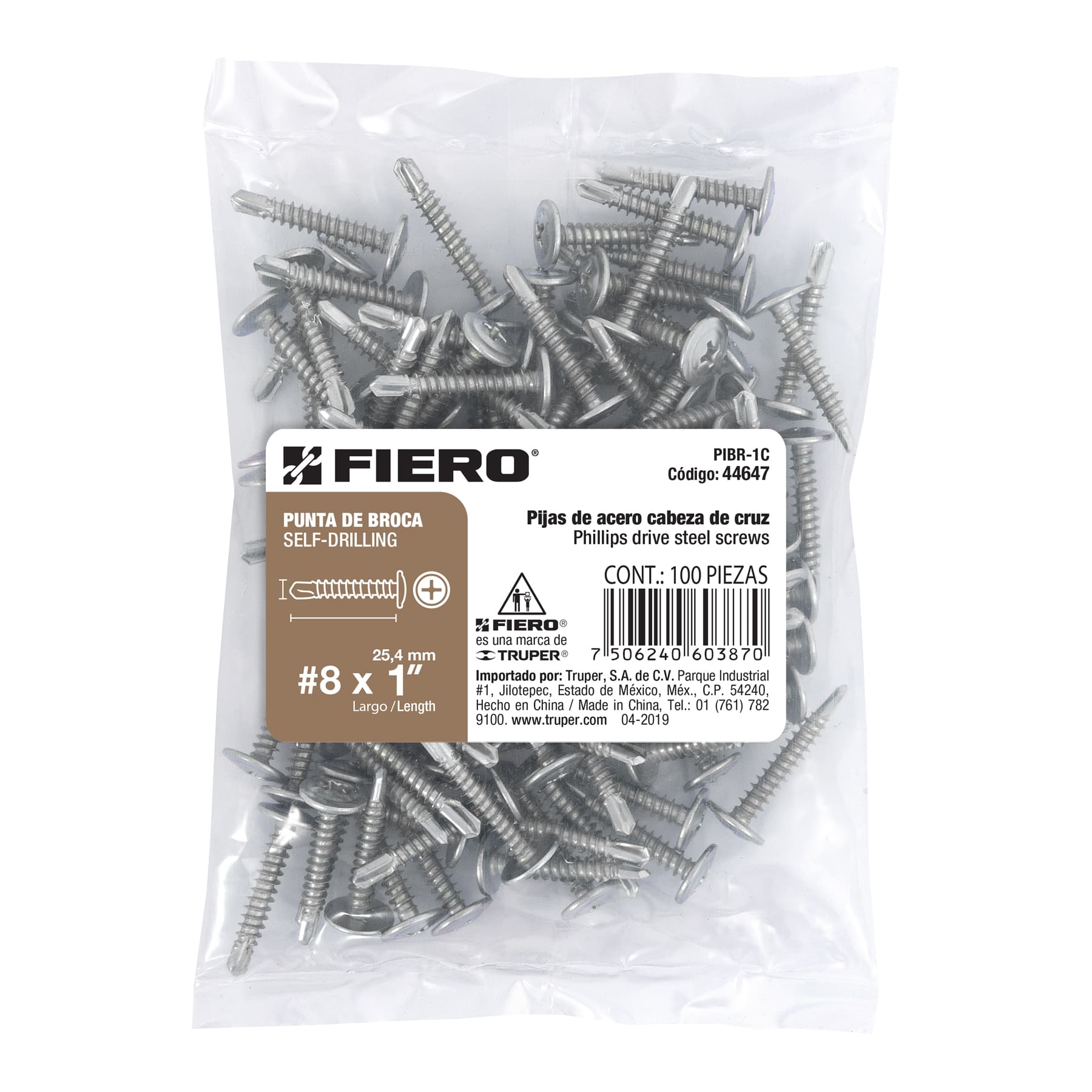 Bolsa con 100 pijas cabeza cruz, punta de broca 1", Fiero