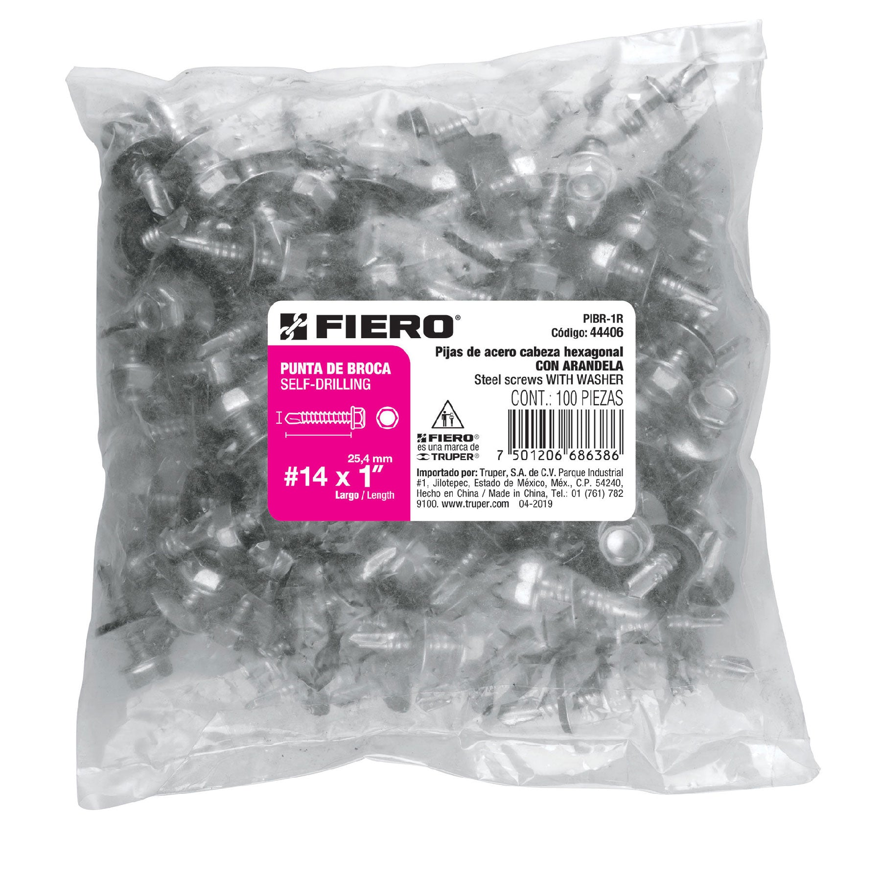 Bolsa con 100 pijas 1" hexagonal, punta broca con rondana