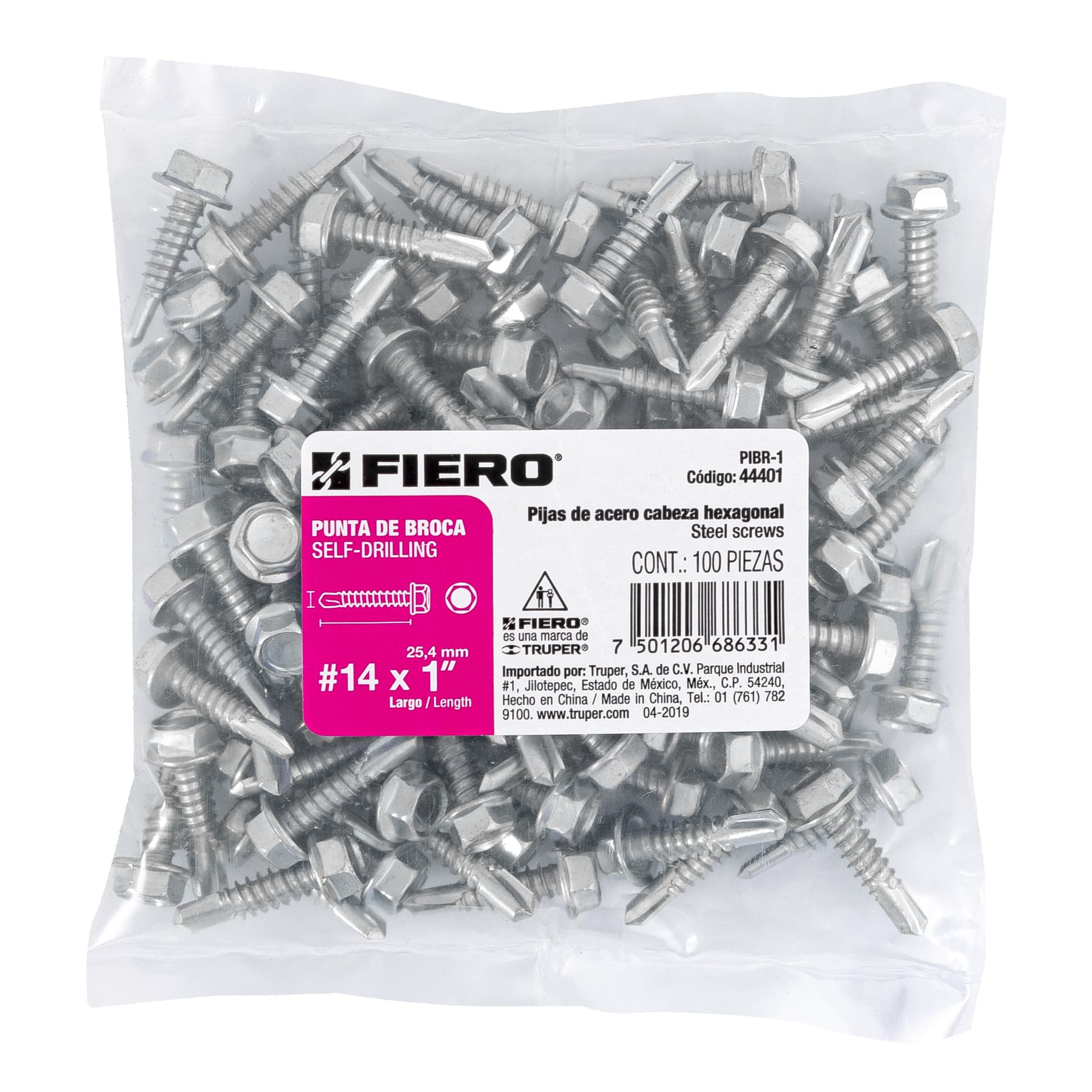 Bolsa con 100 pijas 1" cabeza hexagonal, punta de broca