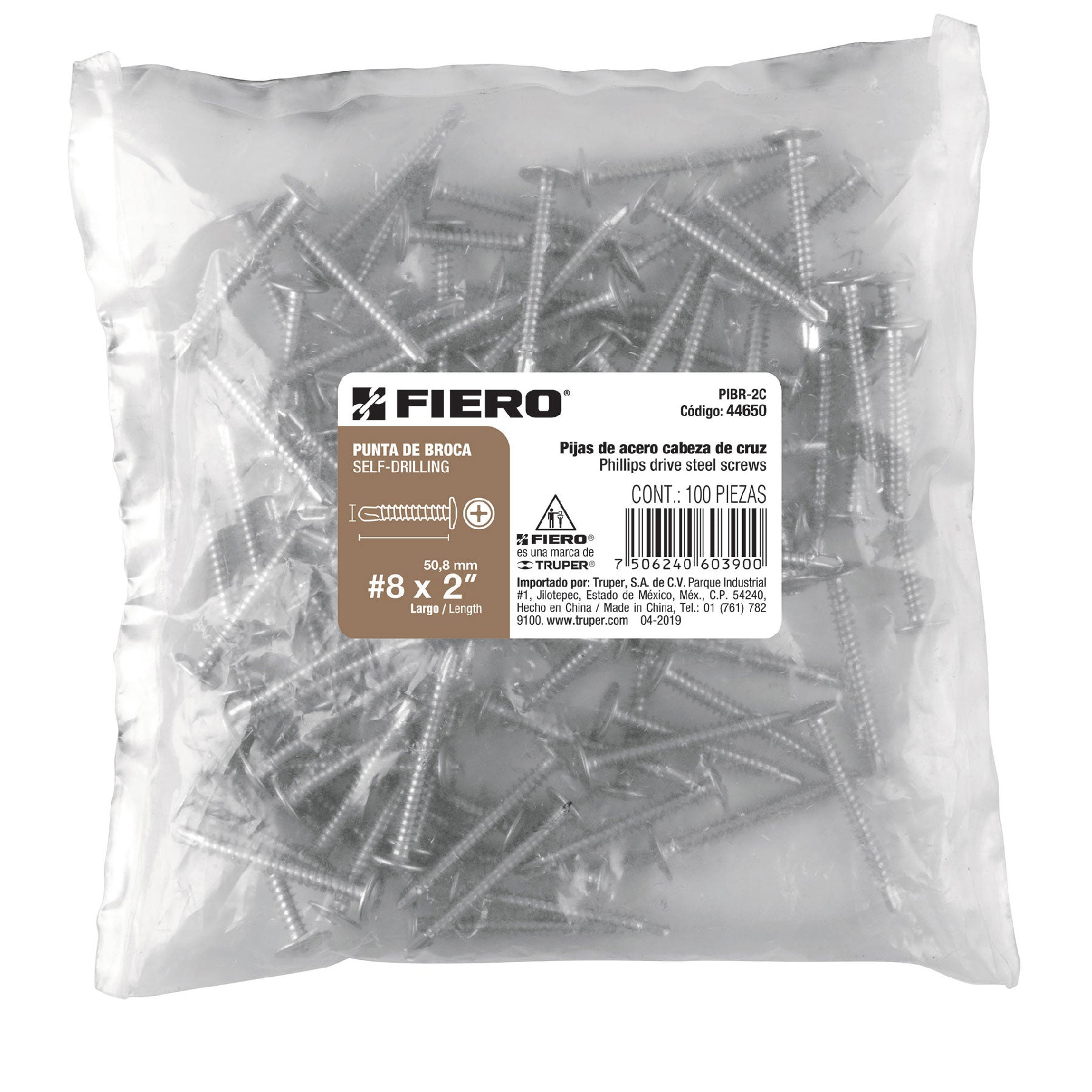 Bolsa con 100 pijas cabeza cruz, punta de broca 2", Fiero