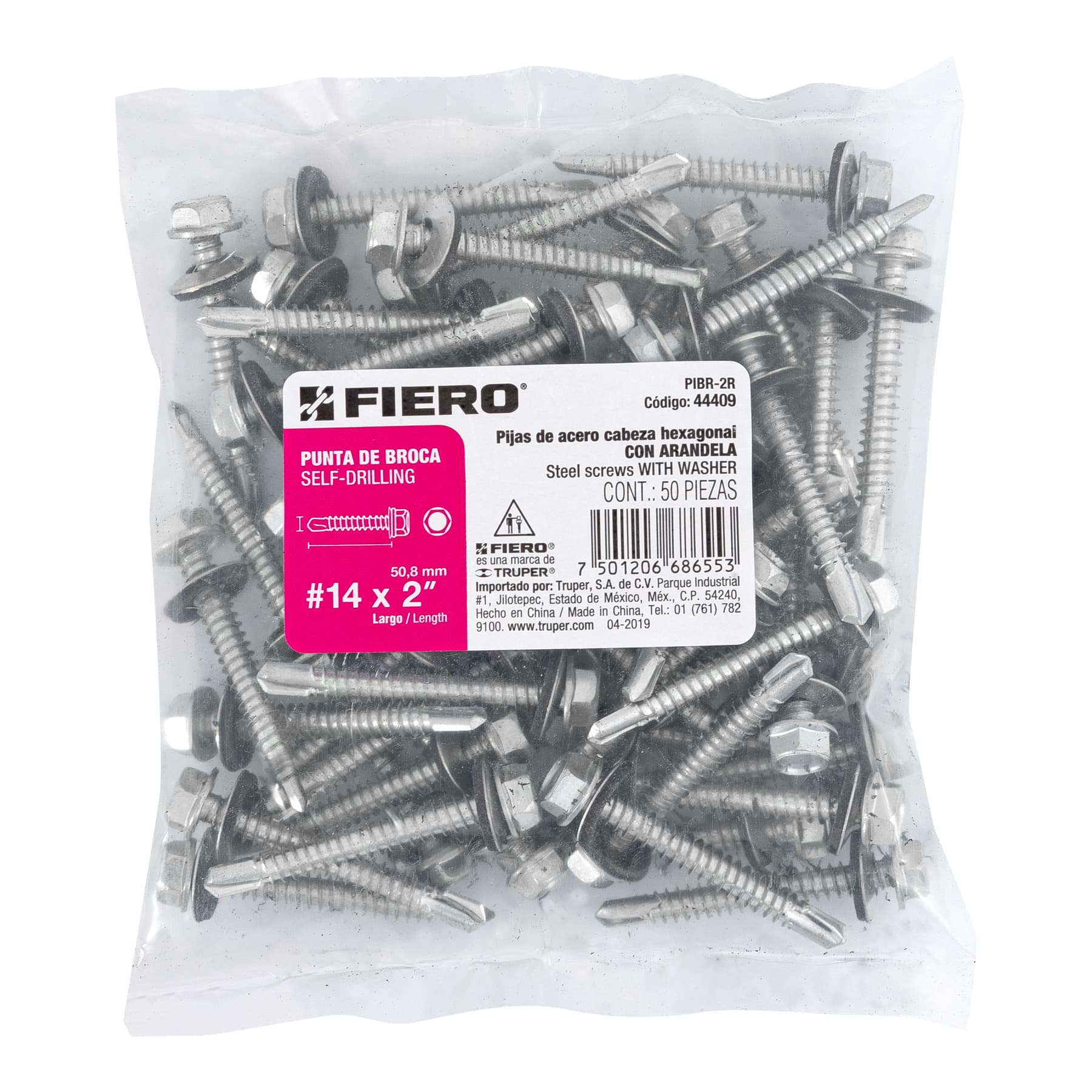 Bolsa con 50 pijas 2" hexagonal, punta broca con rondana