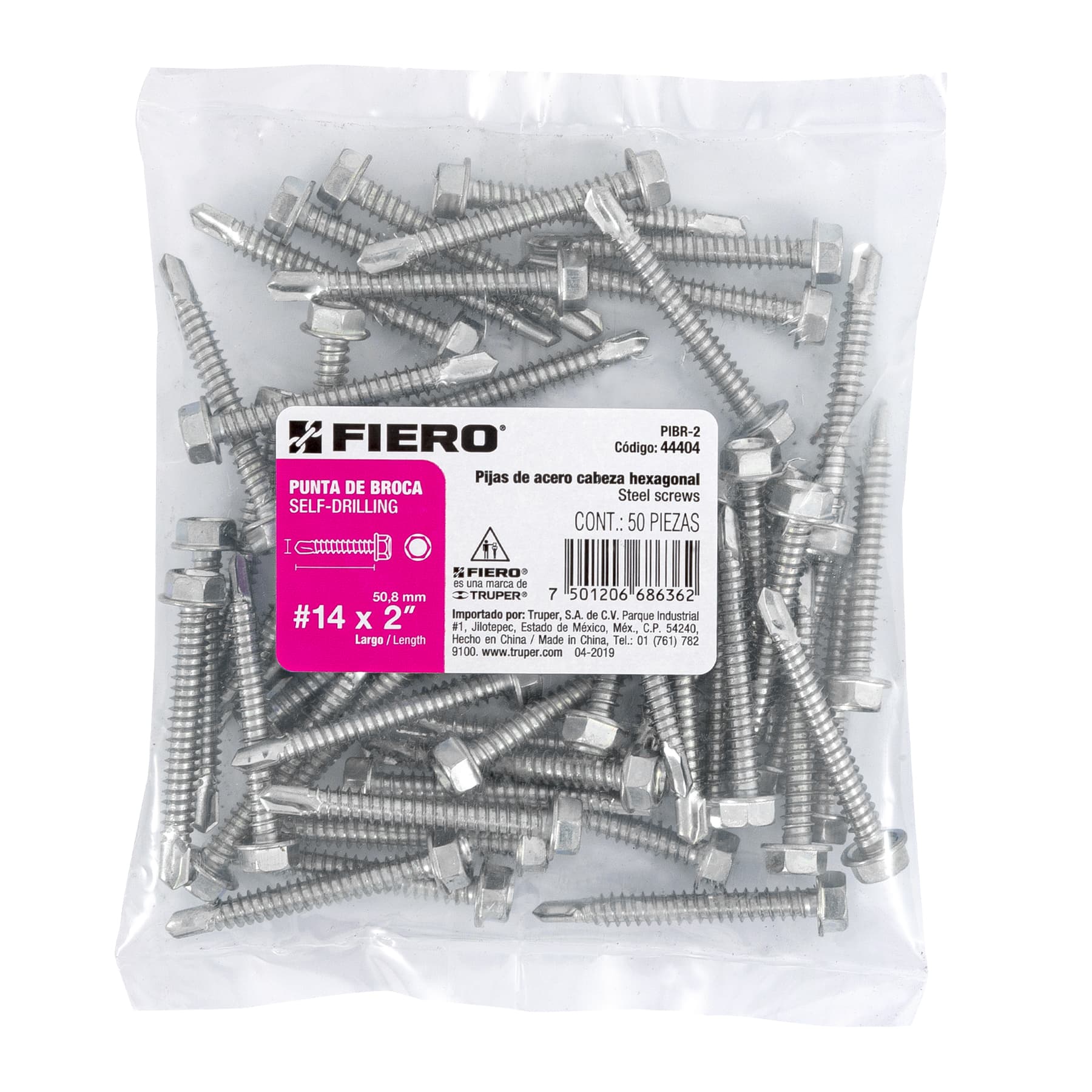 Bolsa con 50 pijas 2" cabeza hexagonal, punta de broca