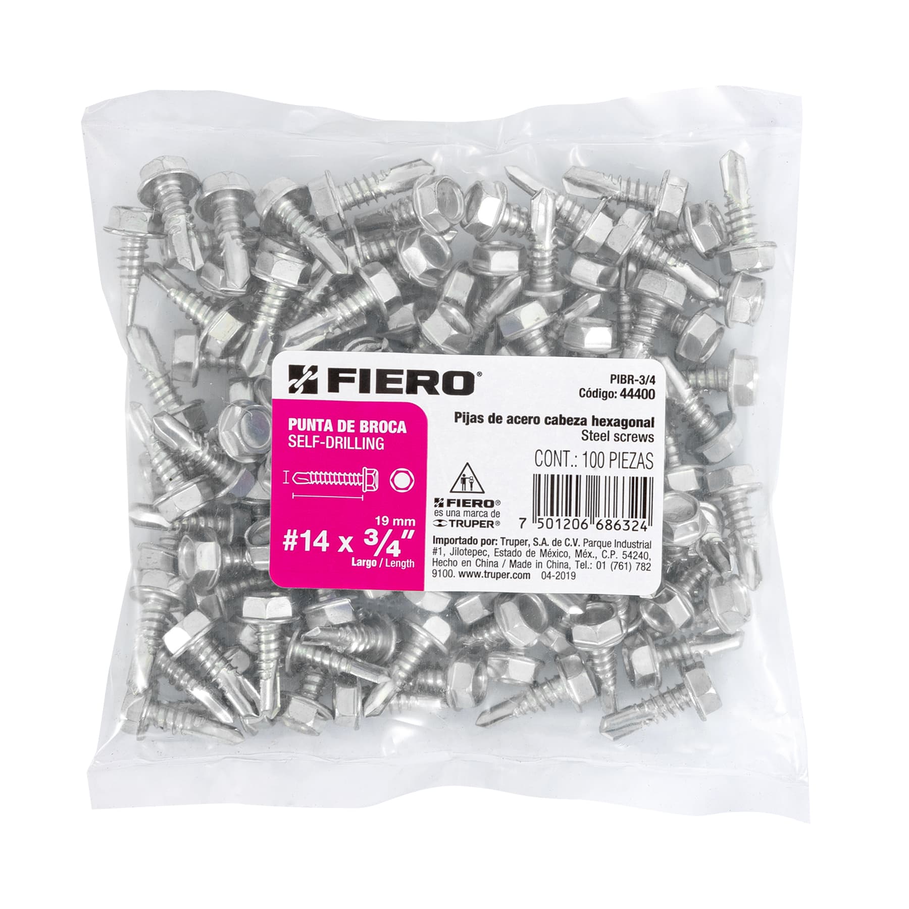 Bolsa con 100 pijas 3/4" cabeza hexagonal, punta de broca