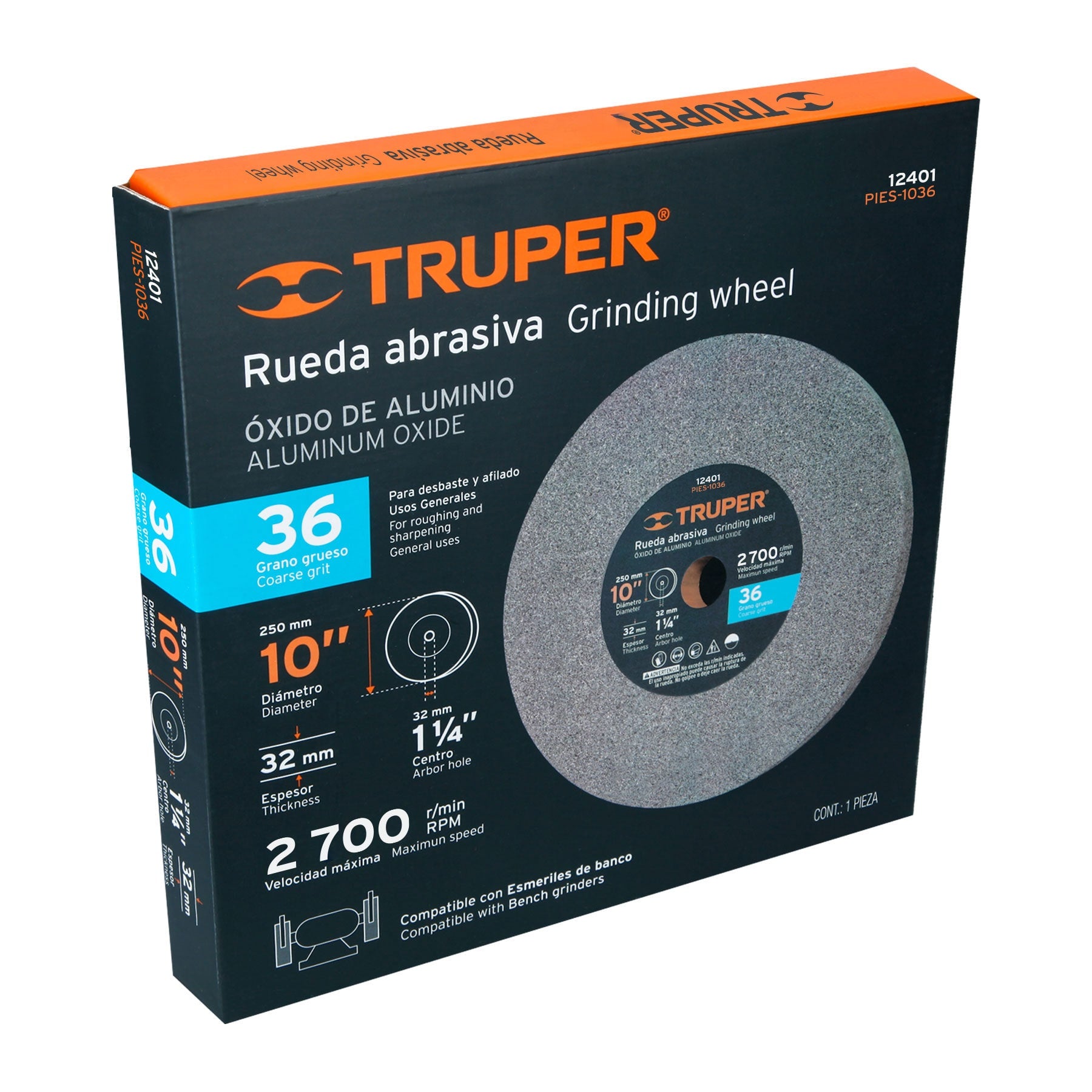 Rueda abrasiva para esmeril 10"x32mm, óxido aluminio, grano 36