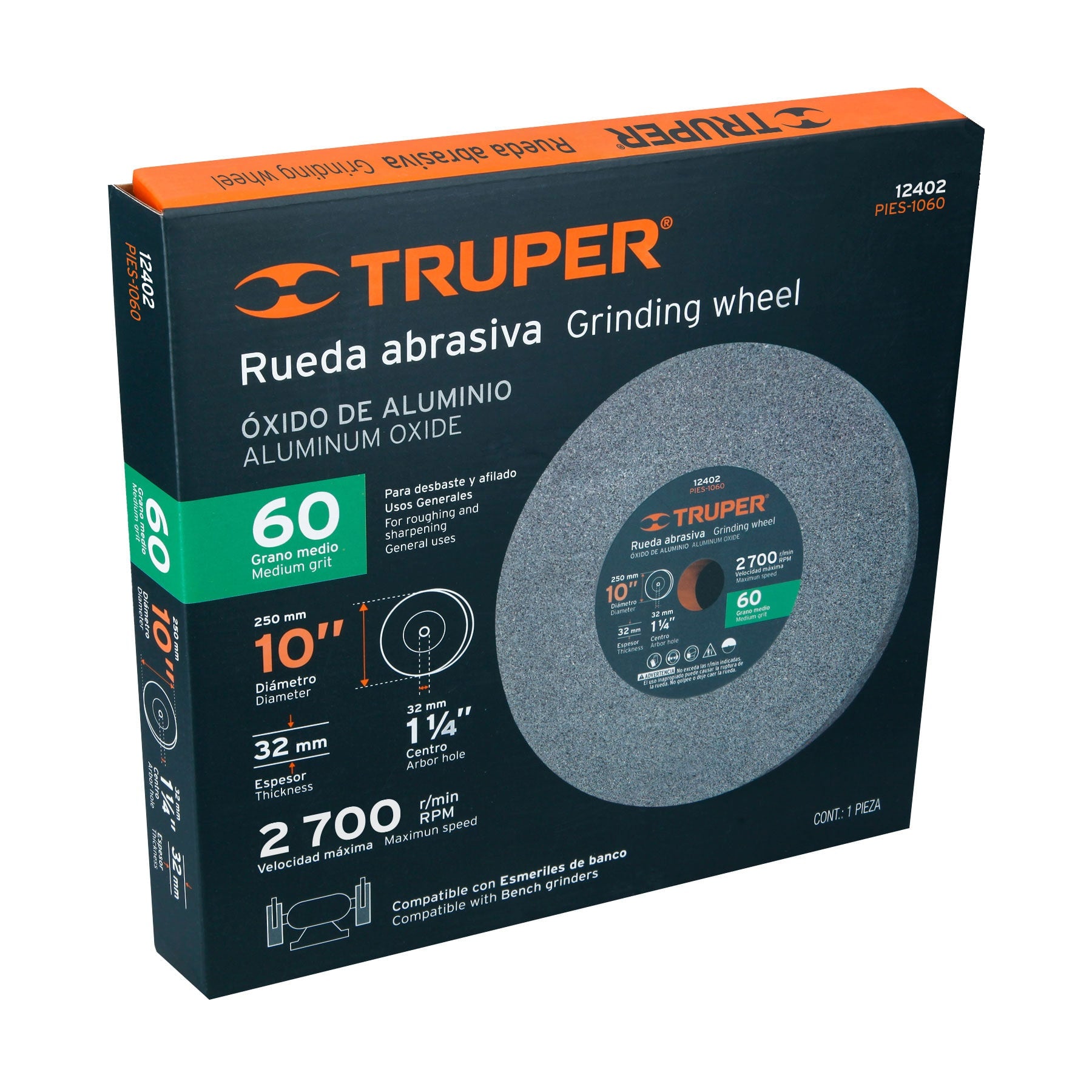 Rueda abrasiva para esmeril 10"x32mm, óxido aluminio, grano 60
