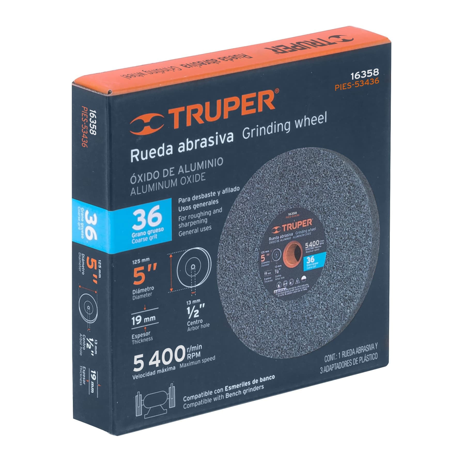 Rueda abrasiva para esmeril 5"x19mm, óxido aluminio, grano 36