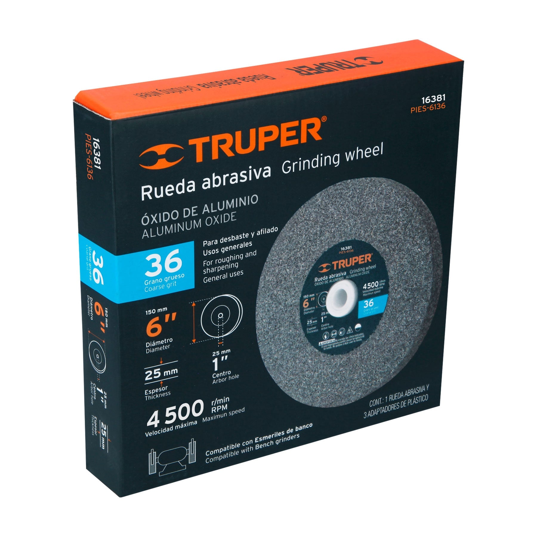Rueda abrasiva para esmeril 6"x25mm, óxido aluminio, grano 36