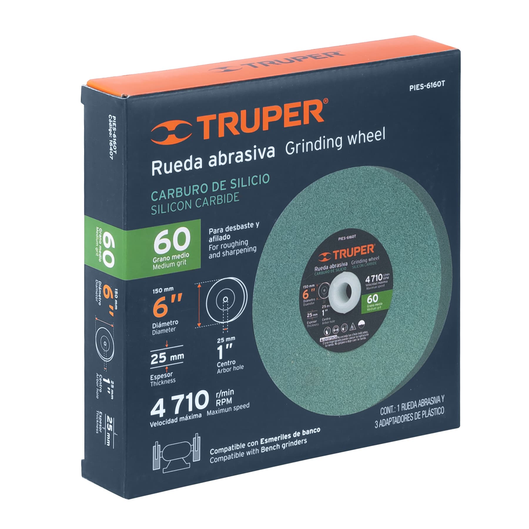 Rueda abrasiva para esmeril 6"x25mm, carburo silicio, grano 60