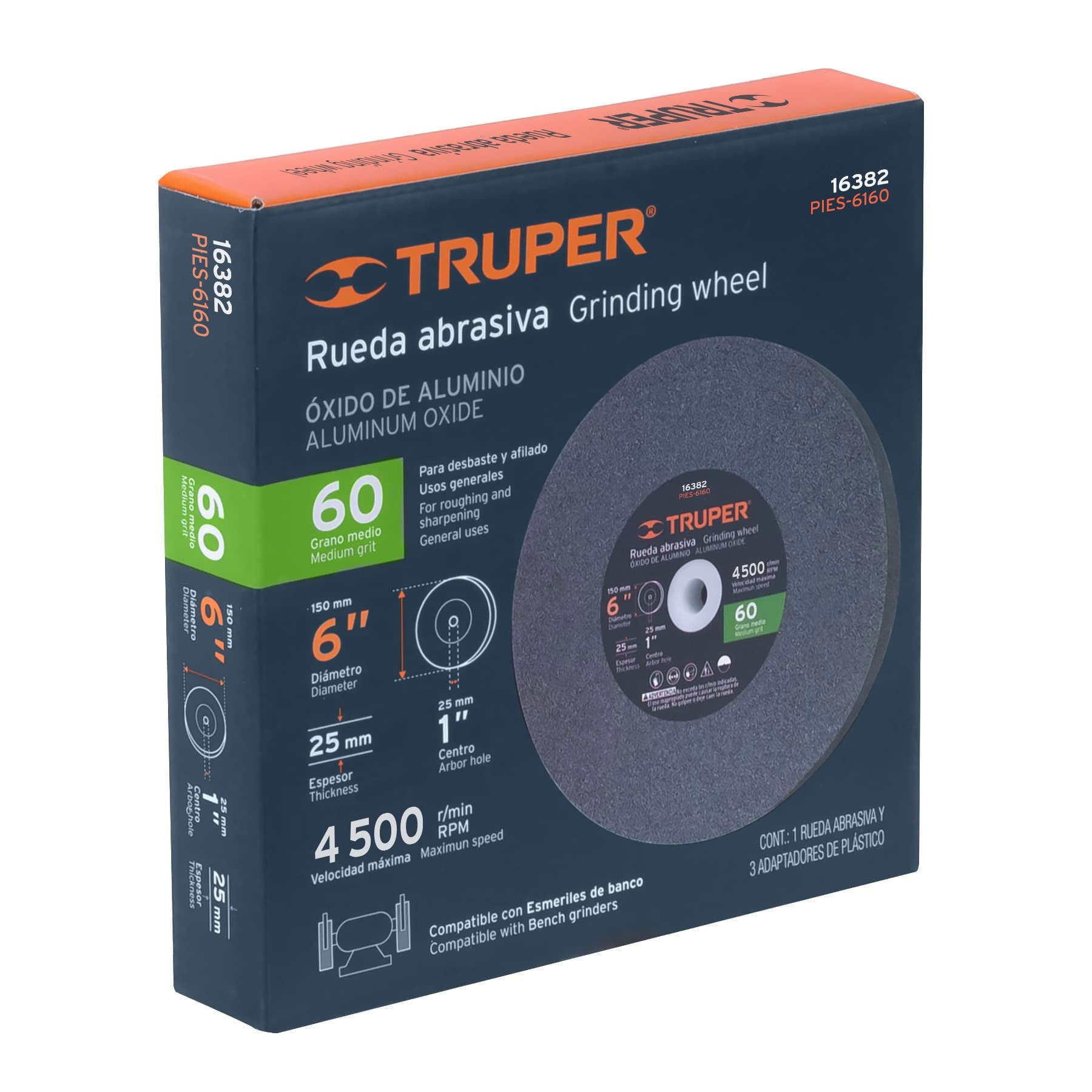 Rueda abrasiva para esmeril 6"x25mm, óxido aluminio, grano 60