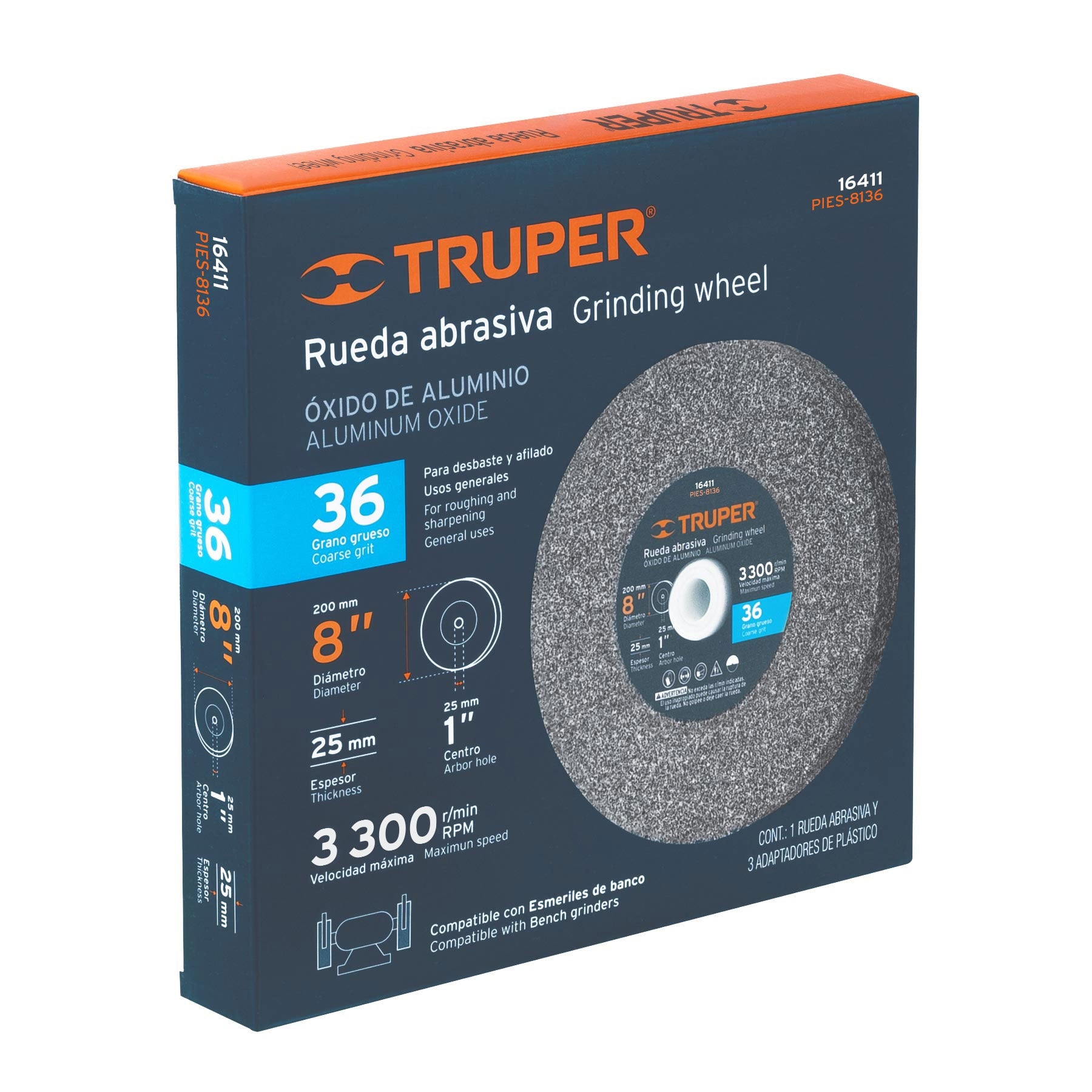Rueda abrasiva para esmeril 8"x25mm, óxido aluminio, grano 36