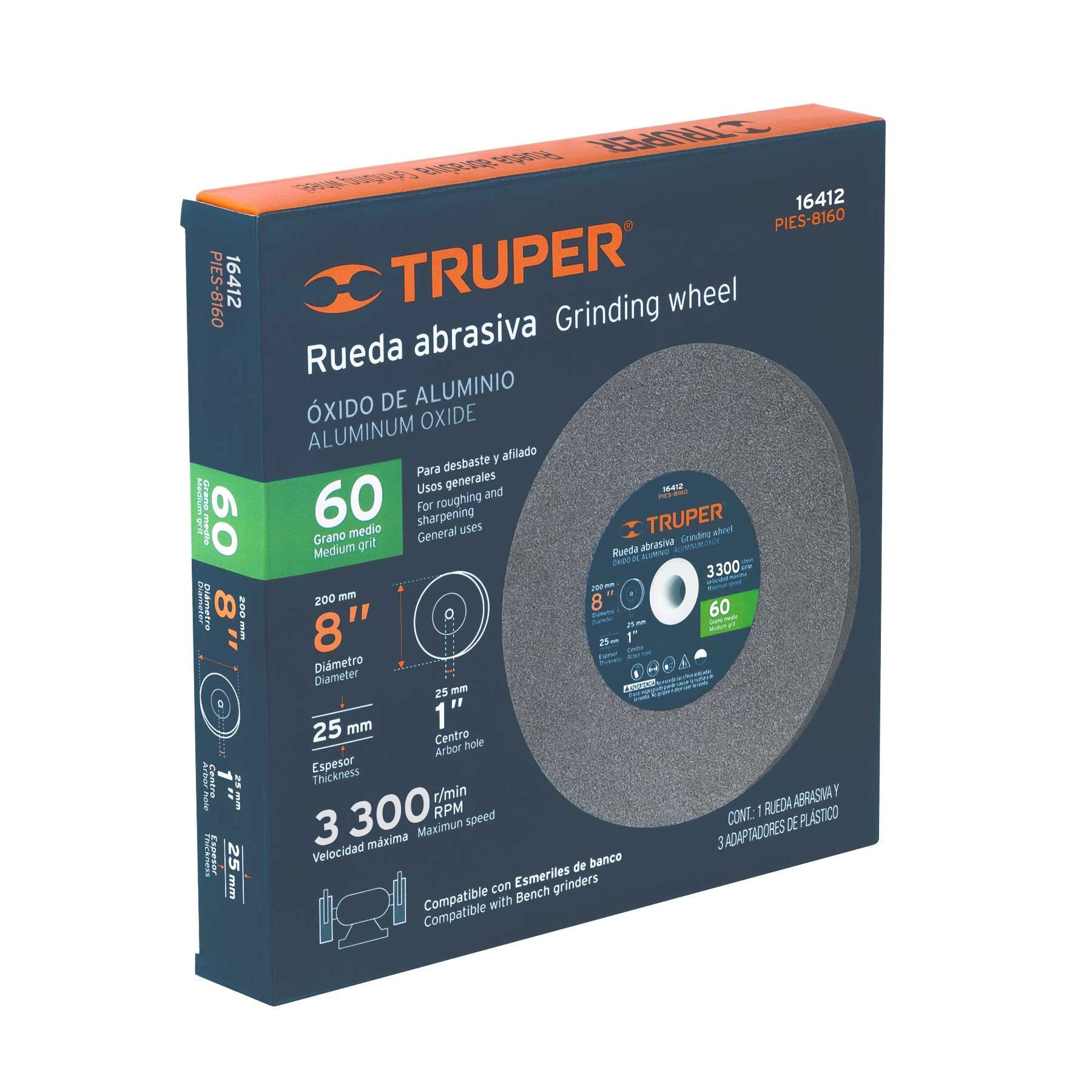 Rueda abrasiva para esmeril 8"x25mm, óxido aluminio, grano 60