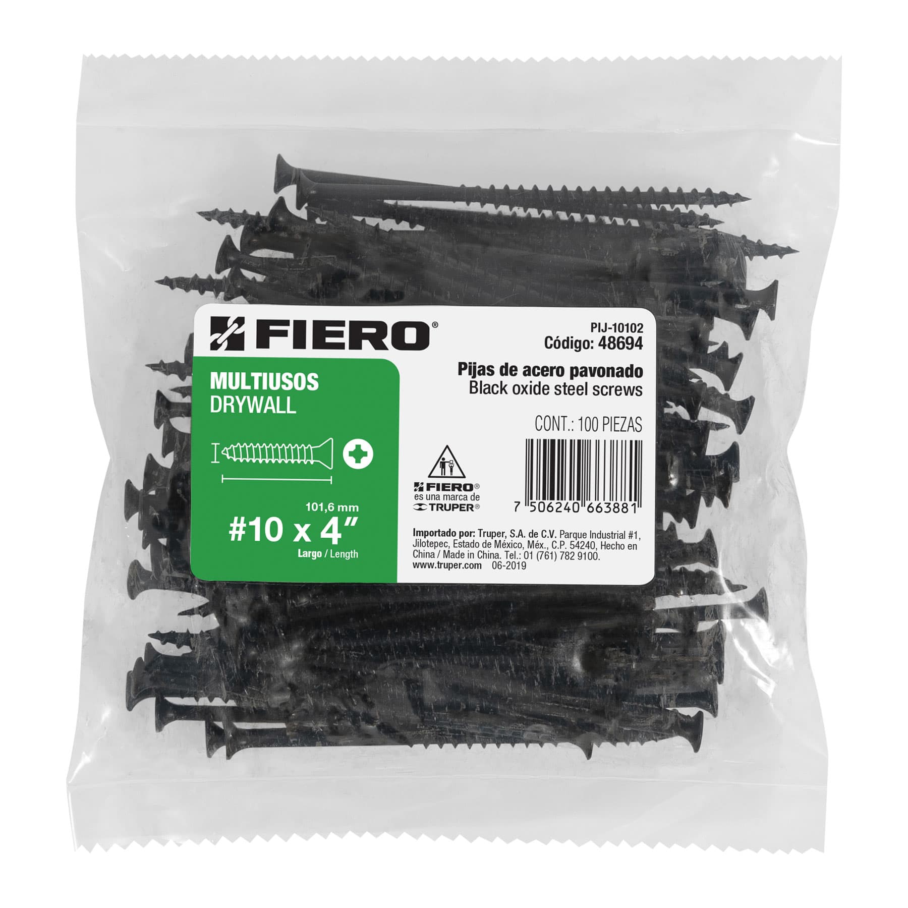 Bolsa con 100 pijas #10 x 4" multiusos, Fiero