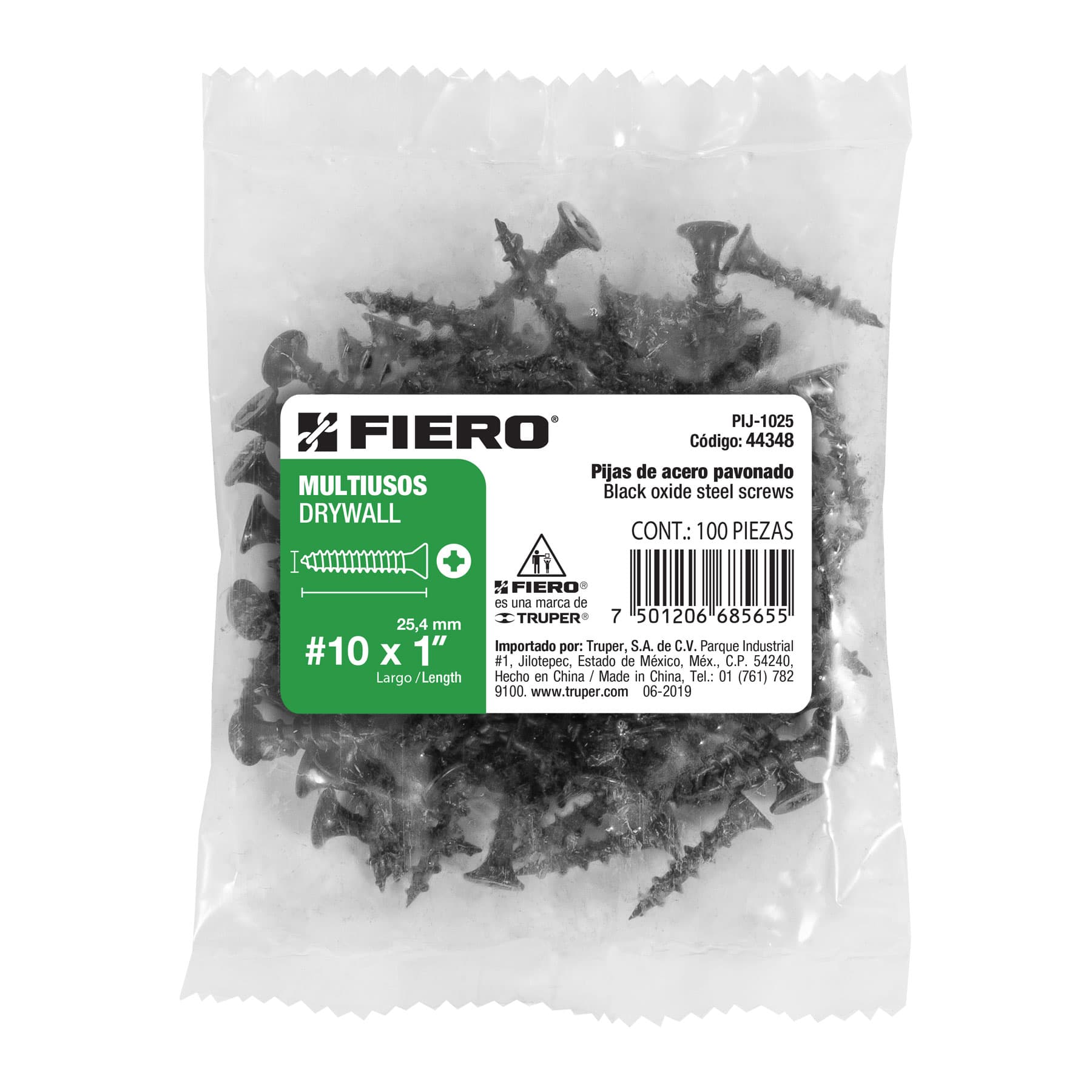 Bolsa con 100 pijas #10 x 1" multiusos, Fiero