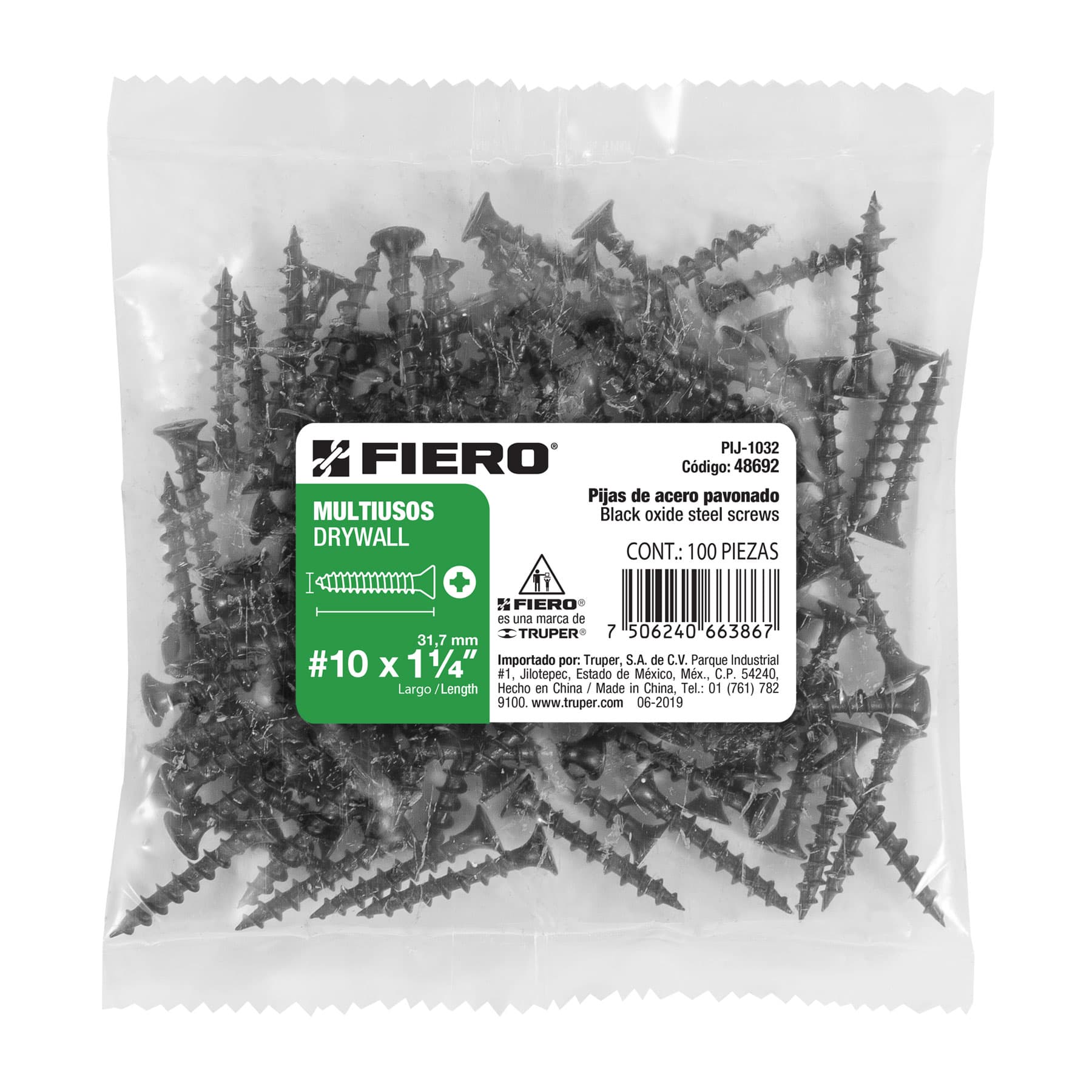 Bolsa con 100 pijas #10" x 1-1/4" multiusos, Fiero