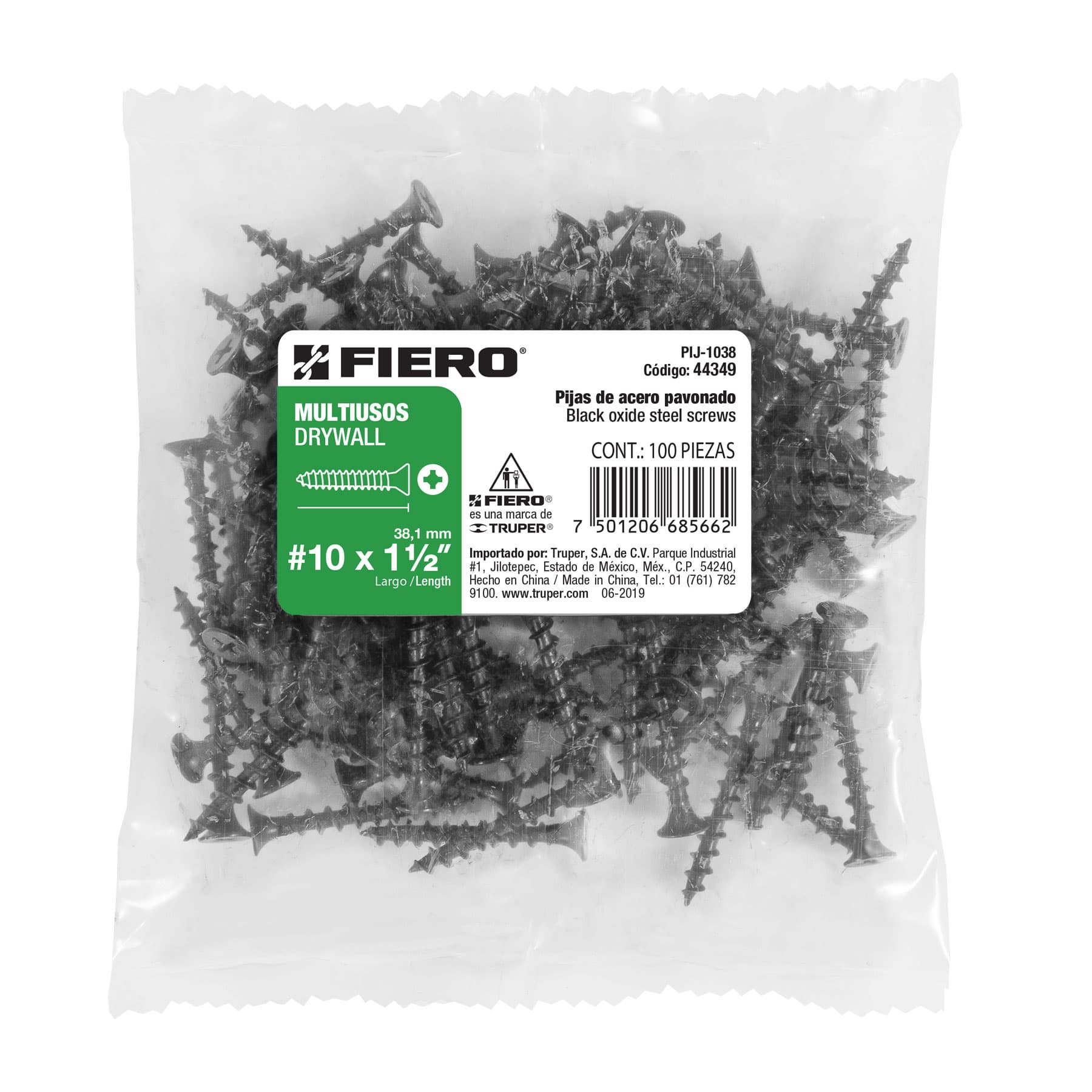 Bolsa con 100 pijas #10 x 1-1/2" multiusos, Fiero