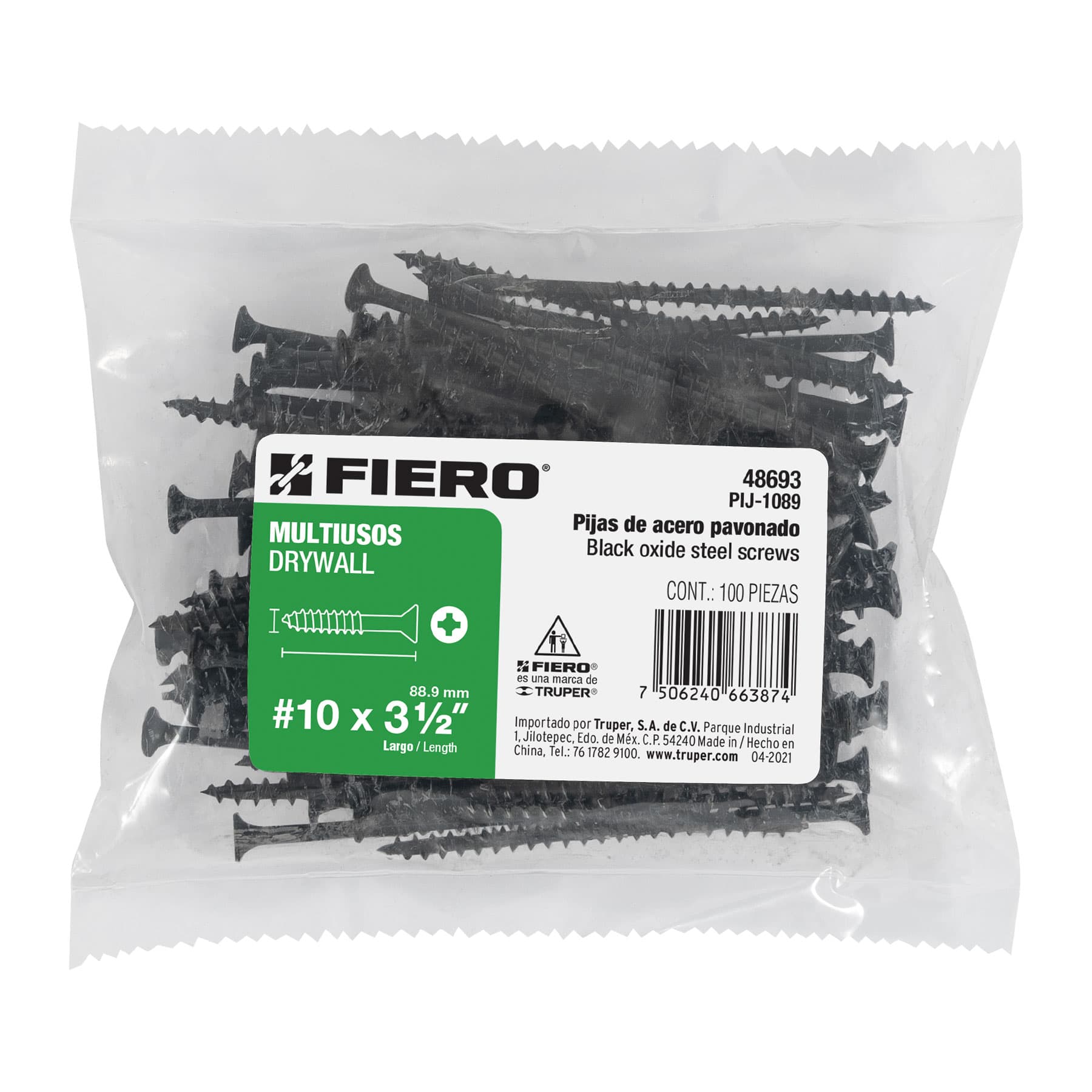 Bolsa con 100 pijas #10 x 3-1/2" multiusos, Fiero