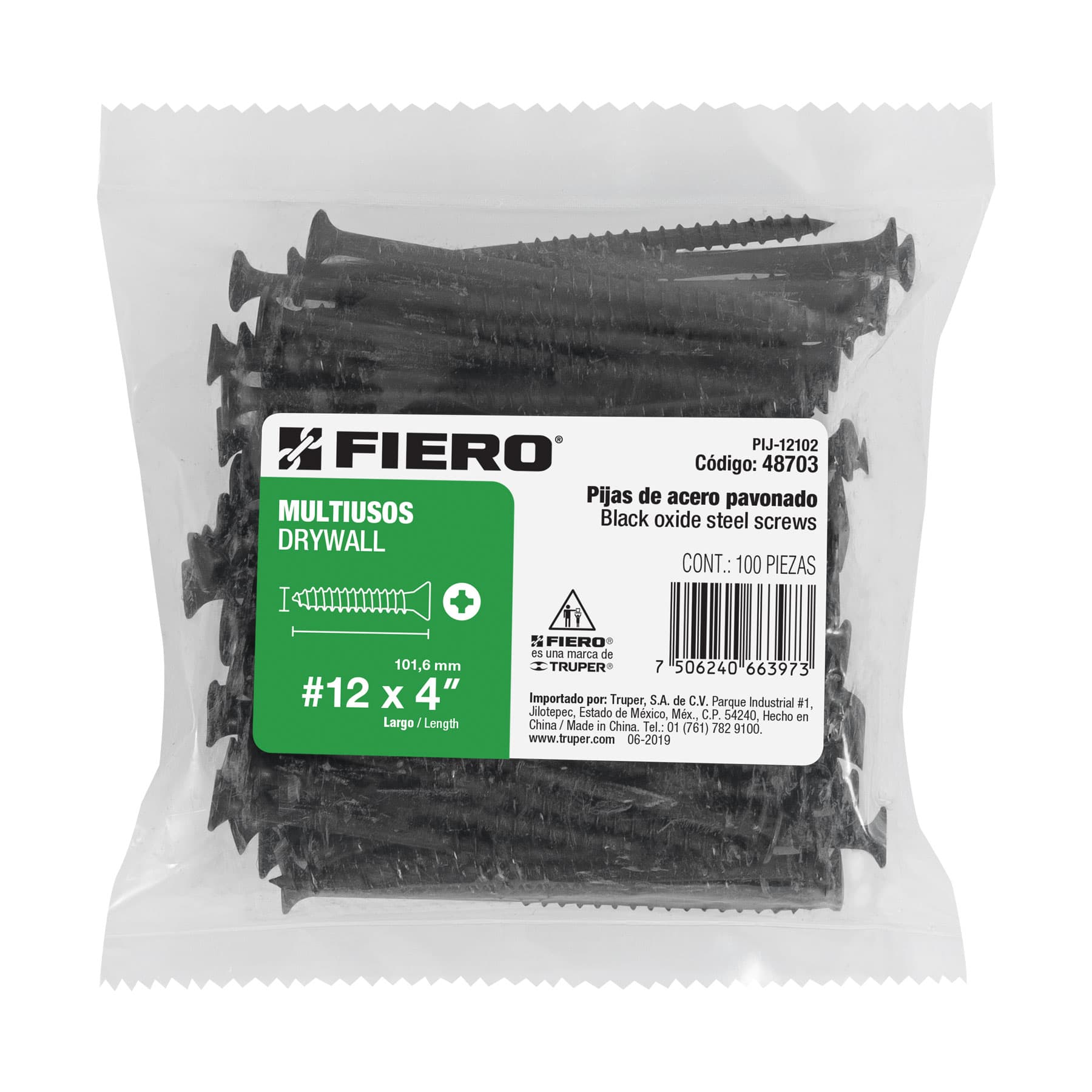 Bolsa con 100 pijas #12 x 4" multiusos, Fiero