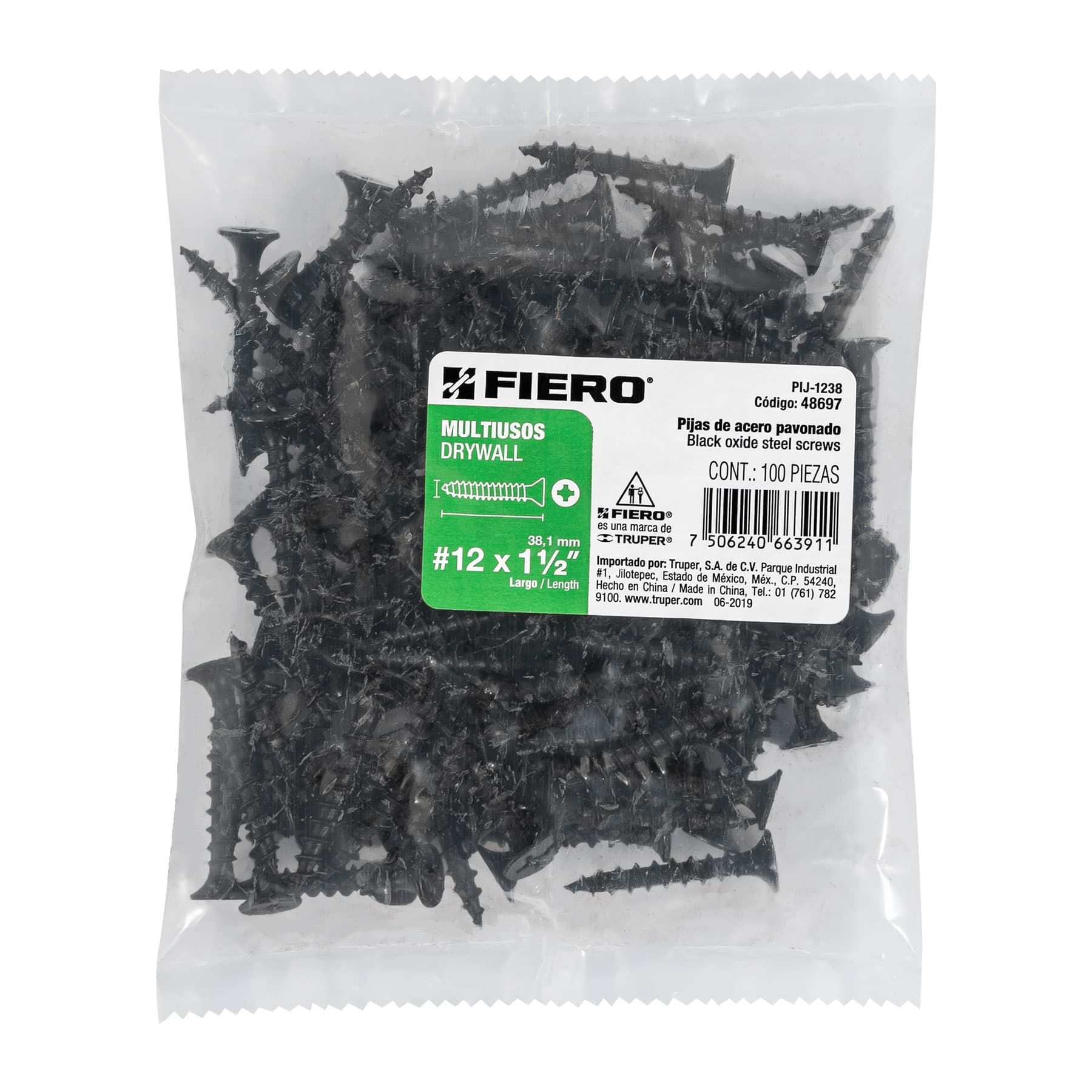 Bolsa con 100 pijas #12 x 1-1/2" multiusos, Fiero