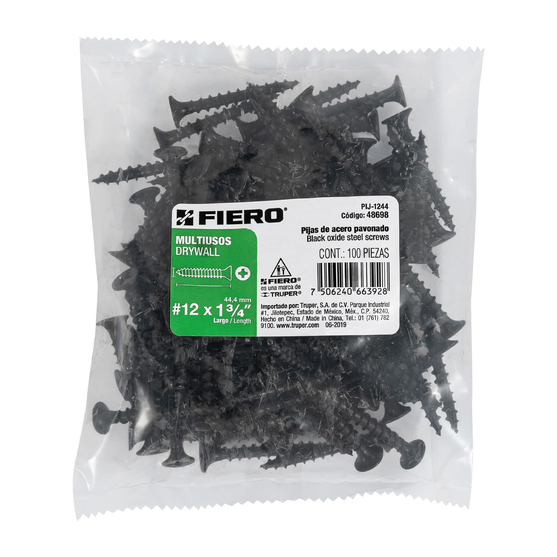 Bolsa con 100 pijas #12 x 1-3/4" multiusos, Fiero