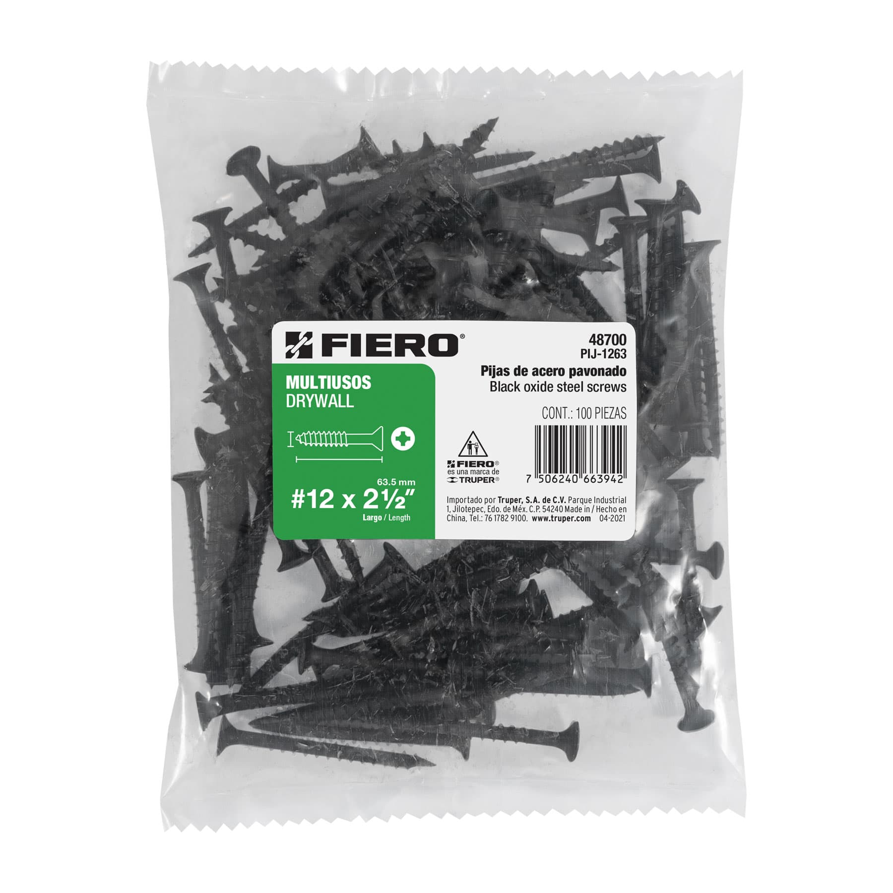 Bolsa con 100 pijas #12 x 2-1/2" multiusos, Fiero