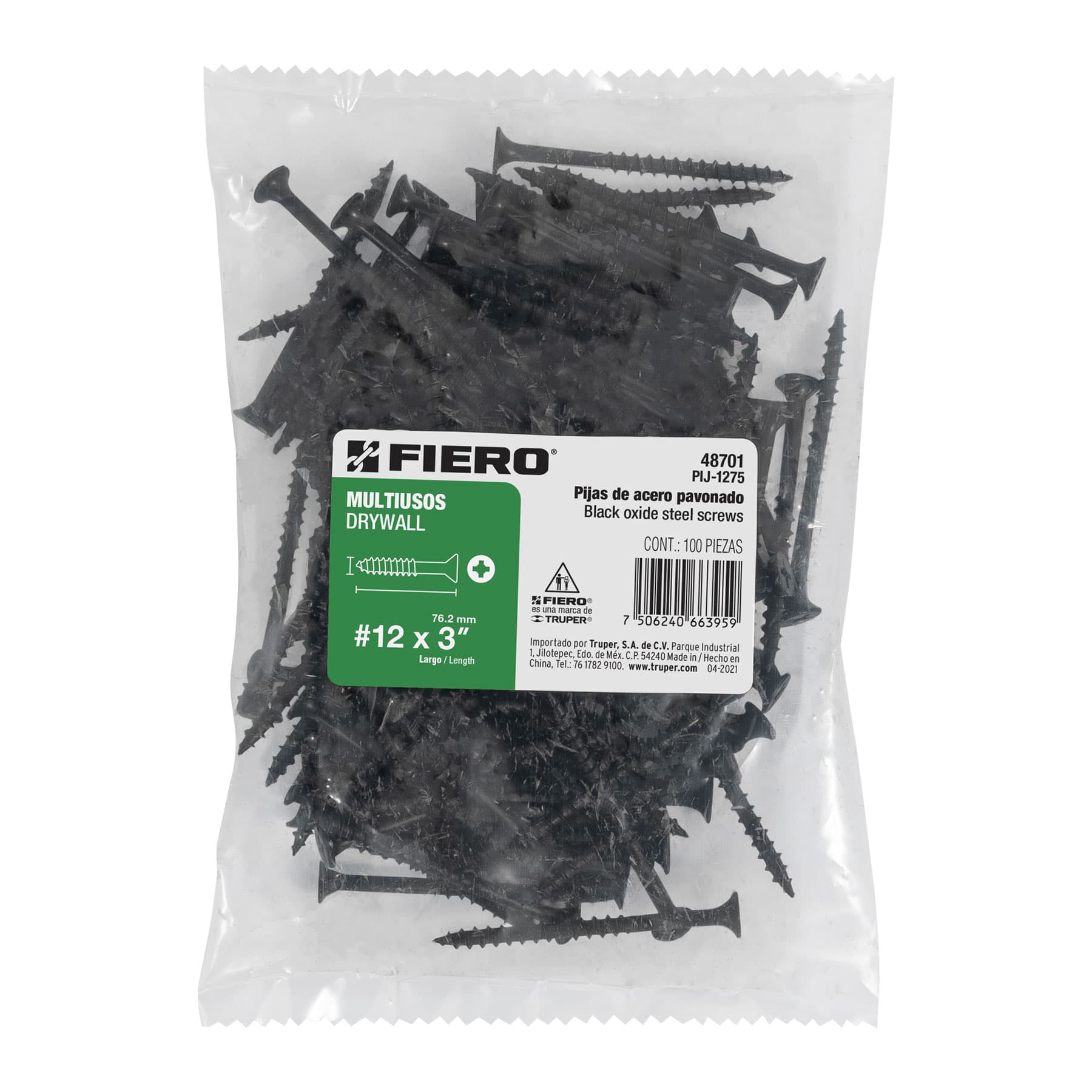 Bolsa con 100 pijas #12 x 3" multiusos, Fiero