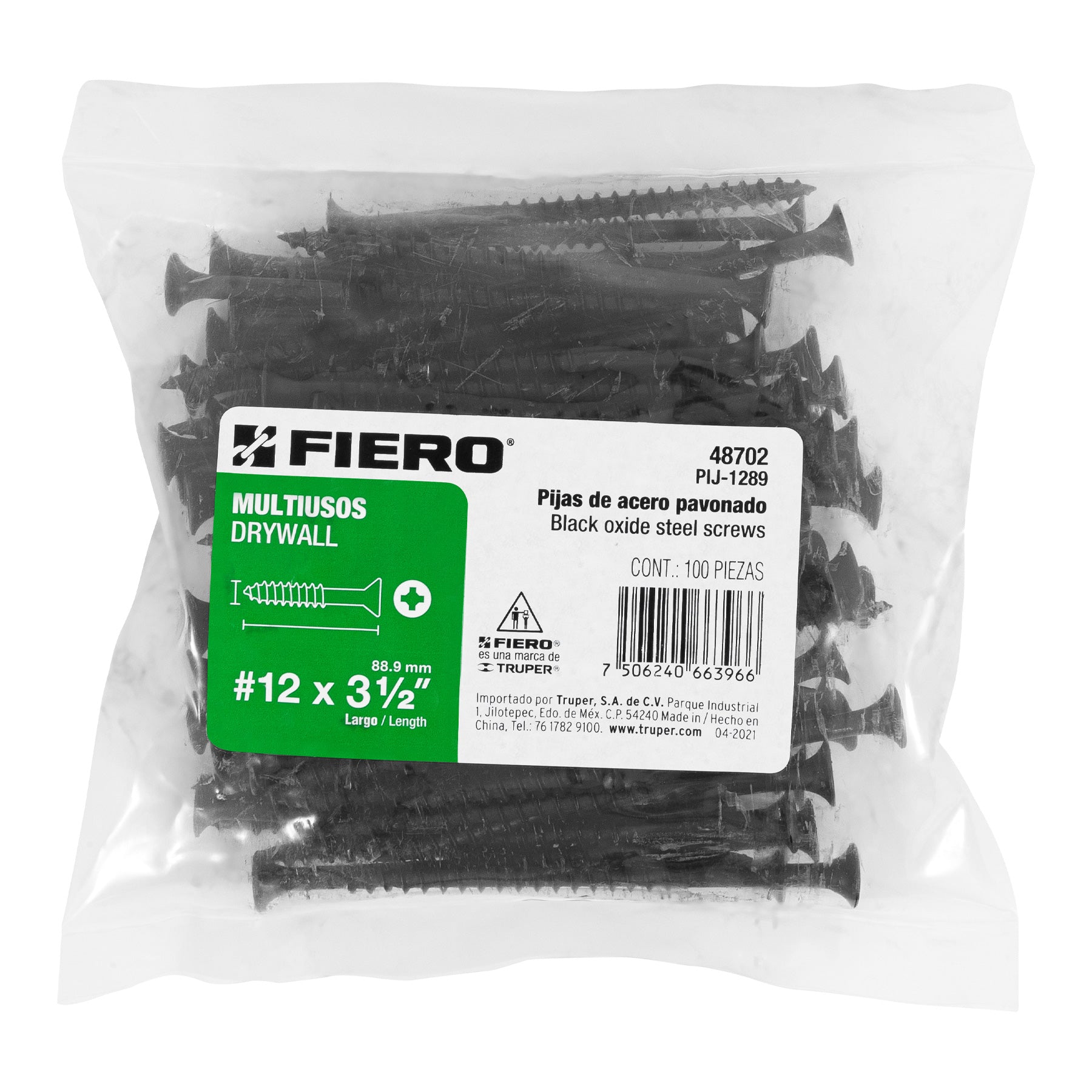 Bolsa con 100 pijas #12 x 3-1/2" multiusos, Fiero