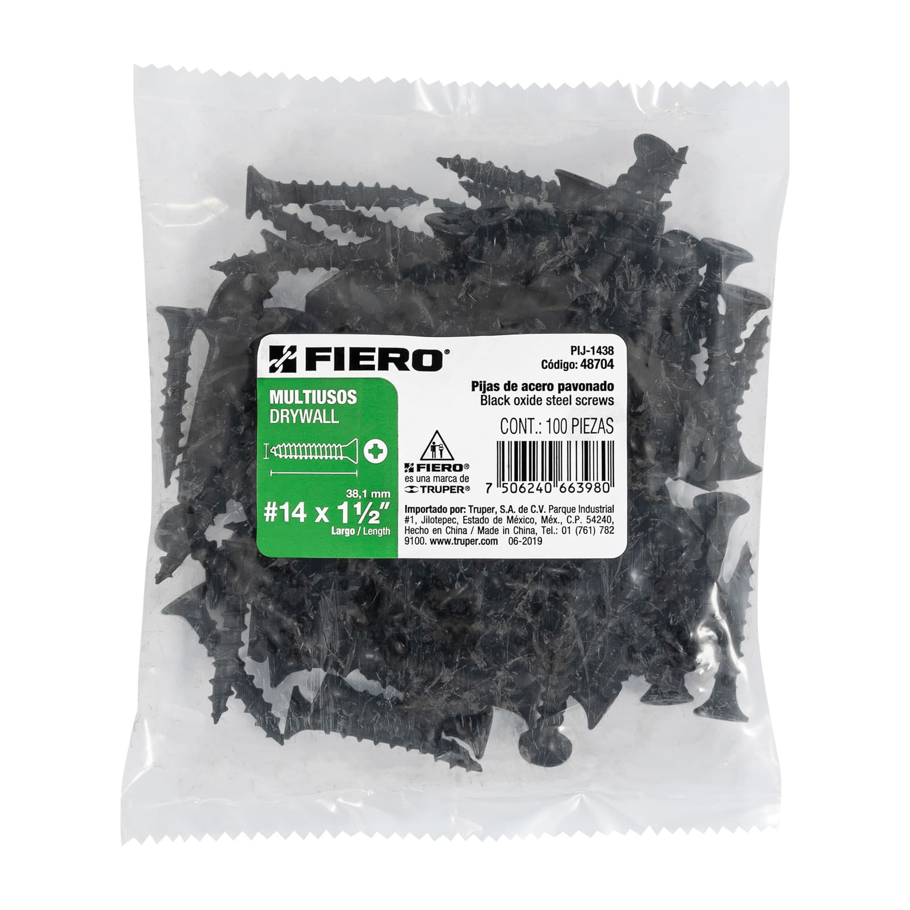 Bolsa con 100 pijas #14 x 1-1/2" multiusos, Fiero