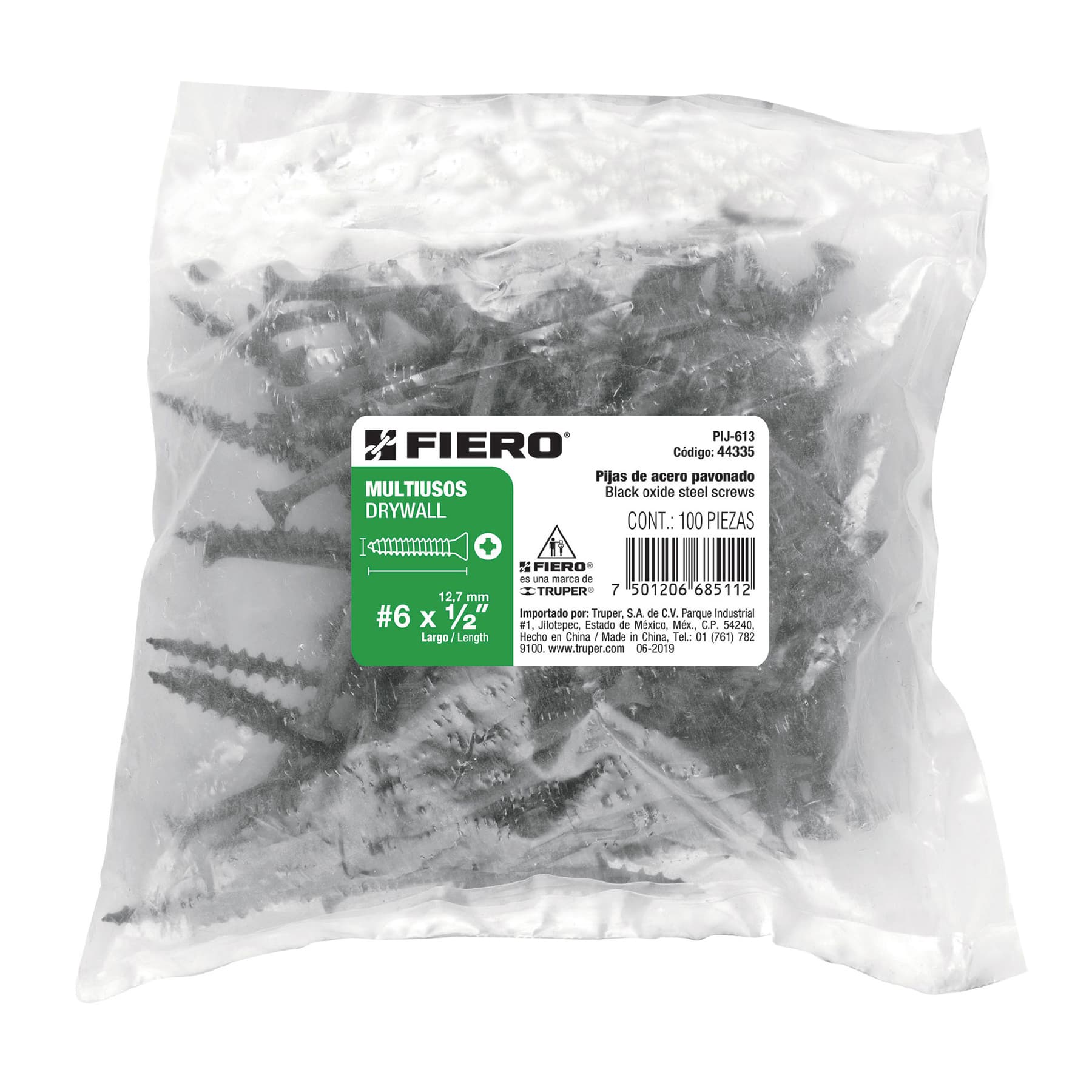 Bolsa con 100 pijas #6 x 1/2" multiusos, Fiero