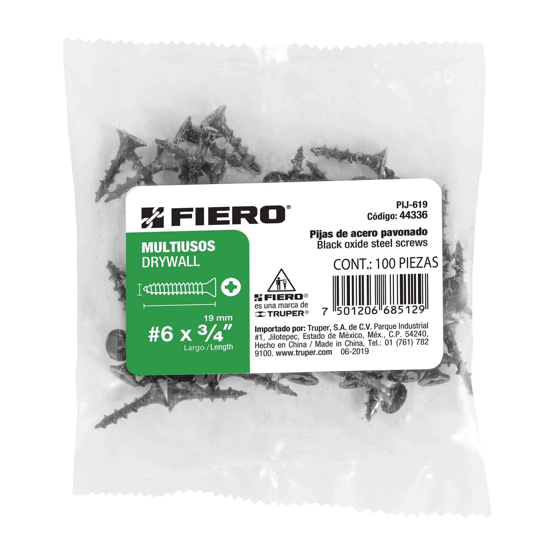 Bolsa con 100 pijas #6 x 3/4" multiusos, Fiero