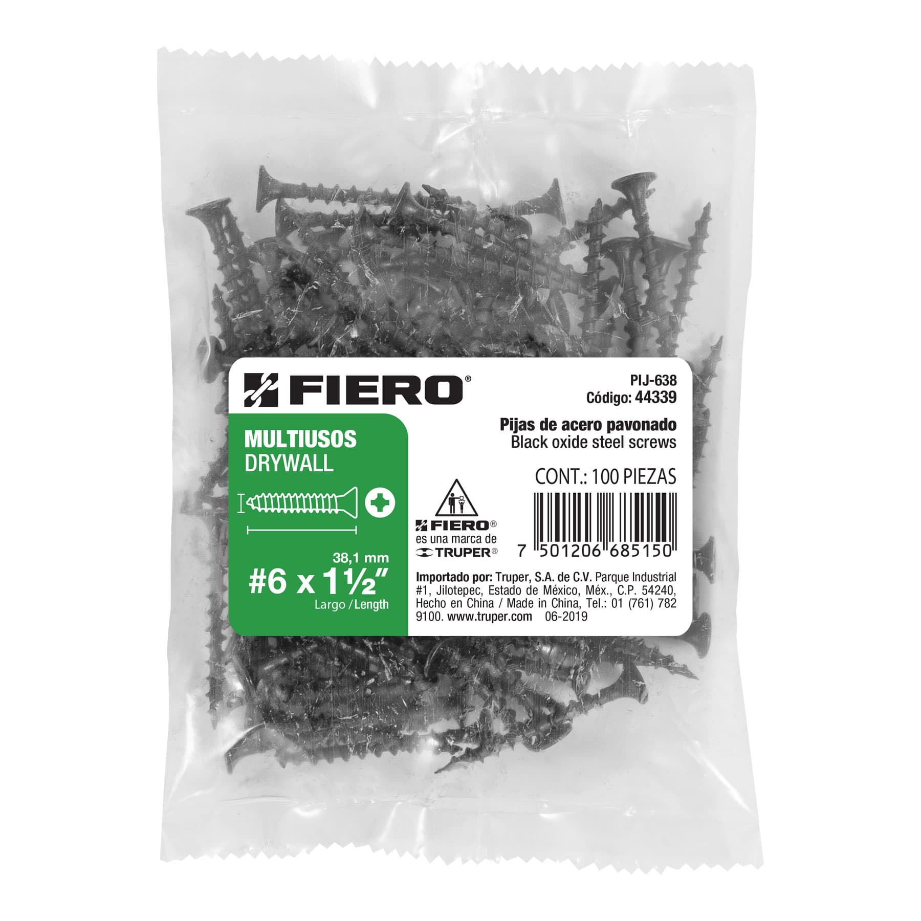 Bolsa con 100 pijas #6 x 1-1/2" multiusos, Fiero