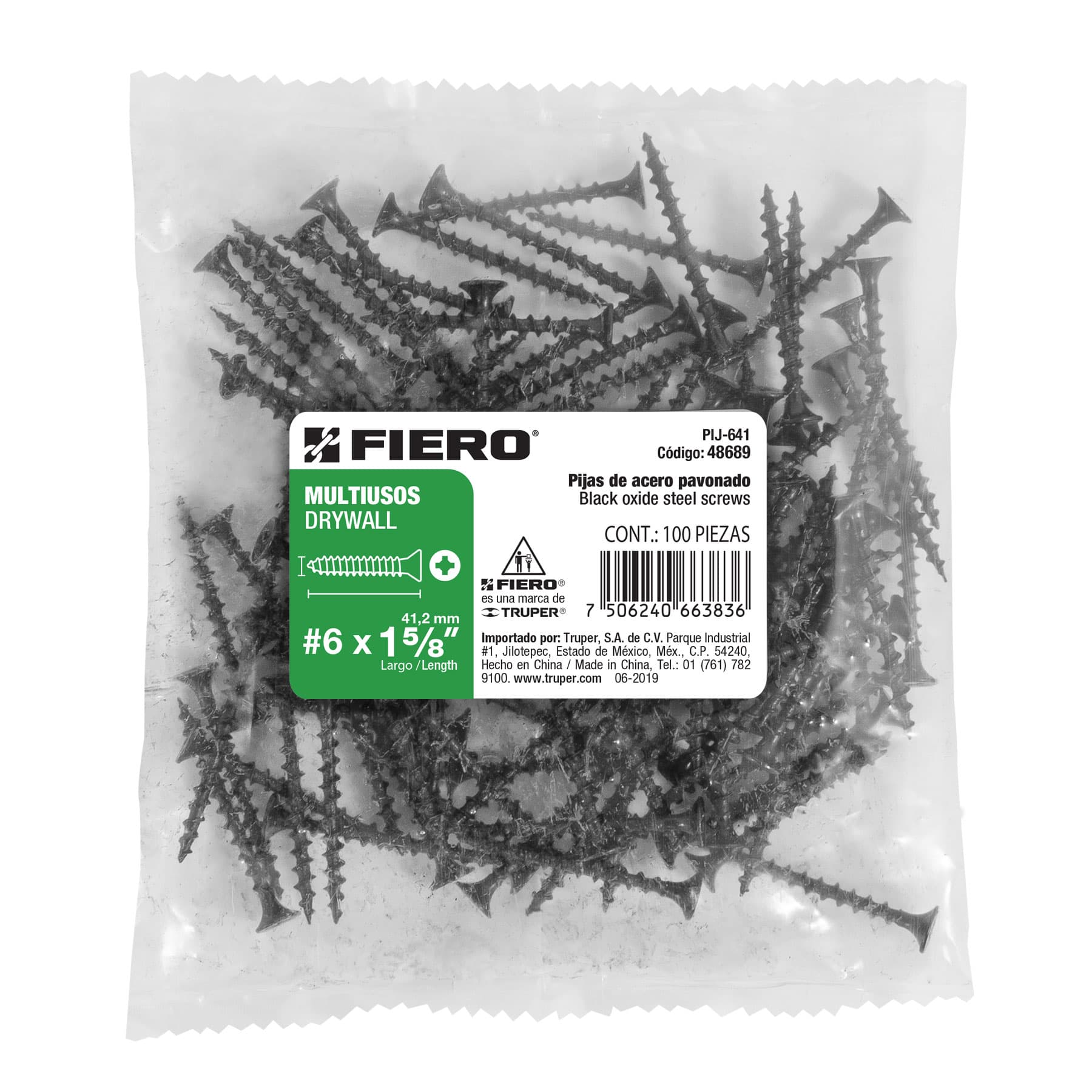 Bolsa con 100 pijas #6 x 1-5/8" multiusos, Fiero