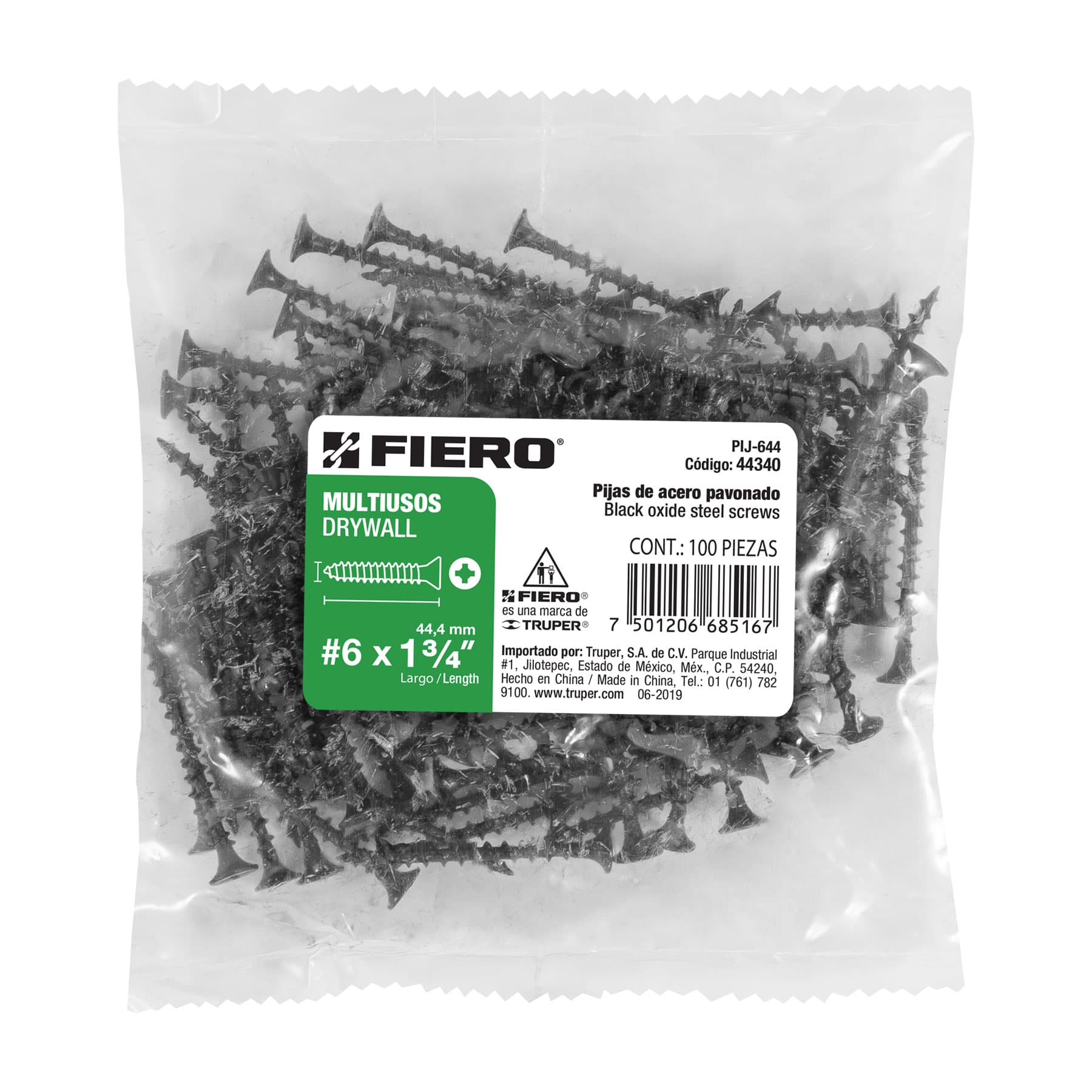 Bolsa con 100 pijas #6 x 1-3/4" multiusos, Fiero