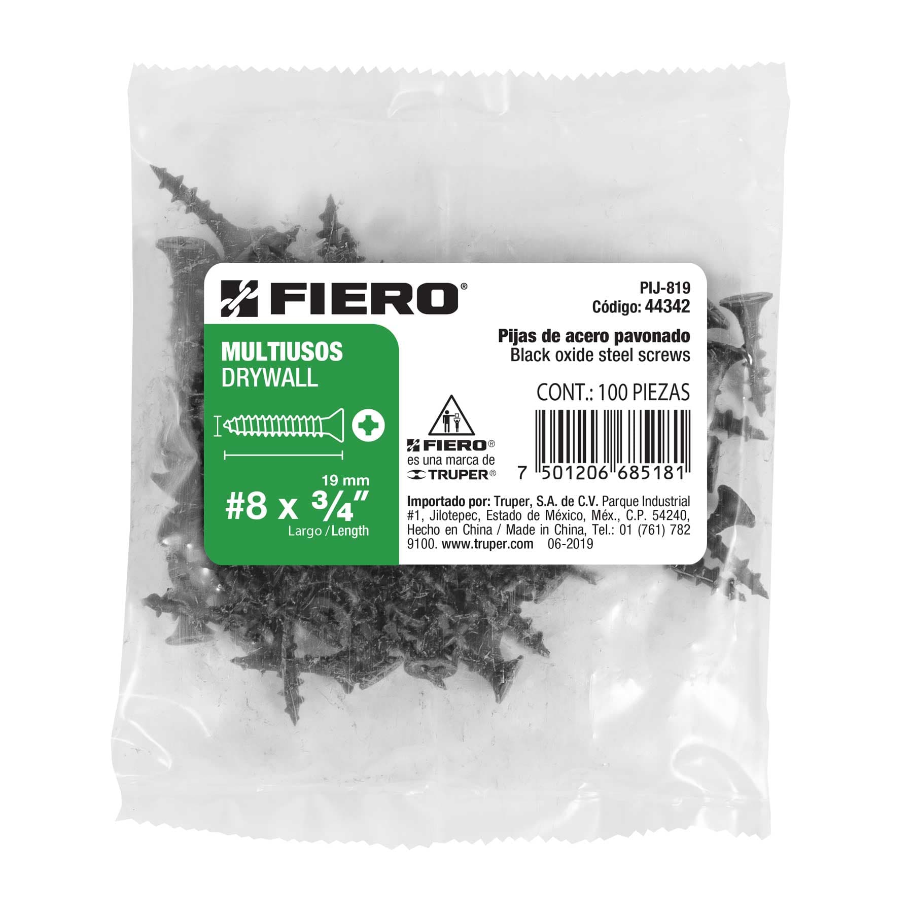 Bolsa con 100 pijas #8 x 3/4" multiusos, Fiero