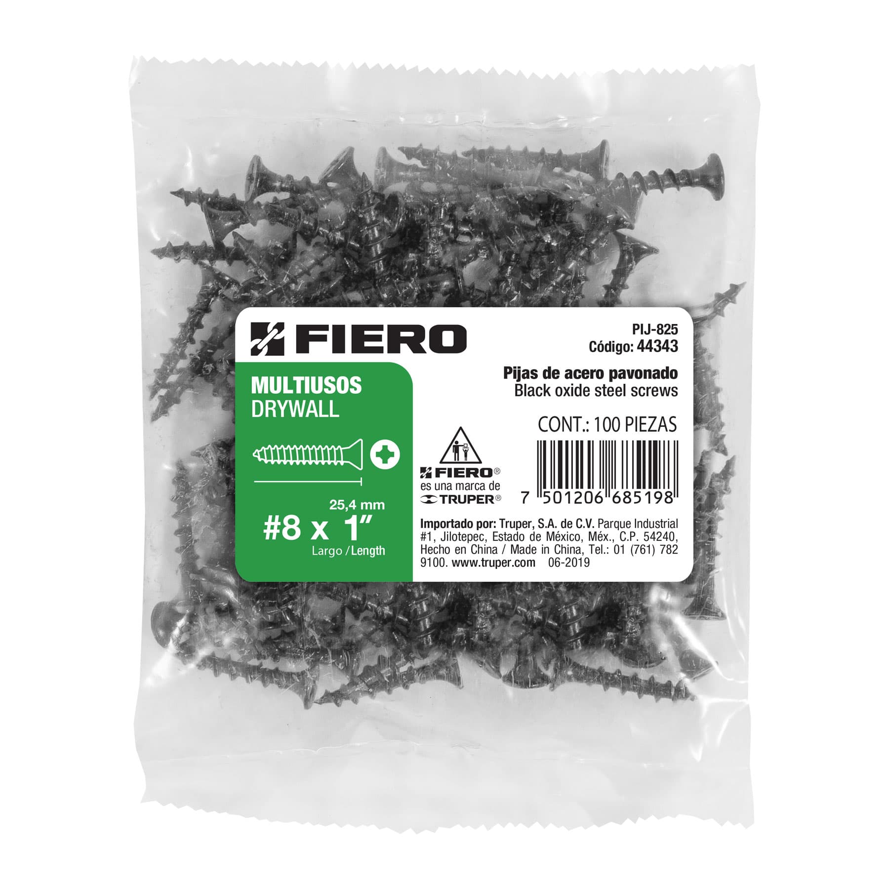 Bolsa con 100 pijas #8 x 1" multiusos, Fiero