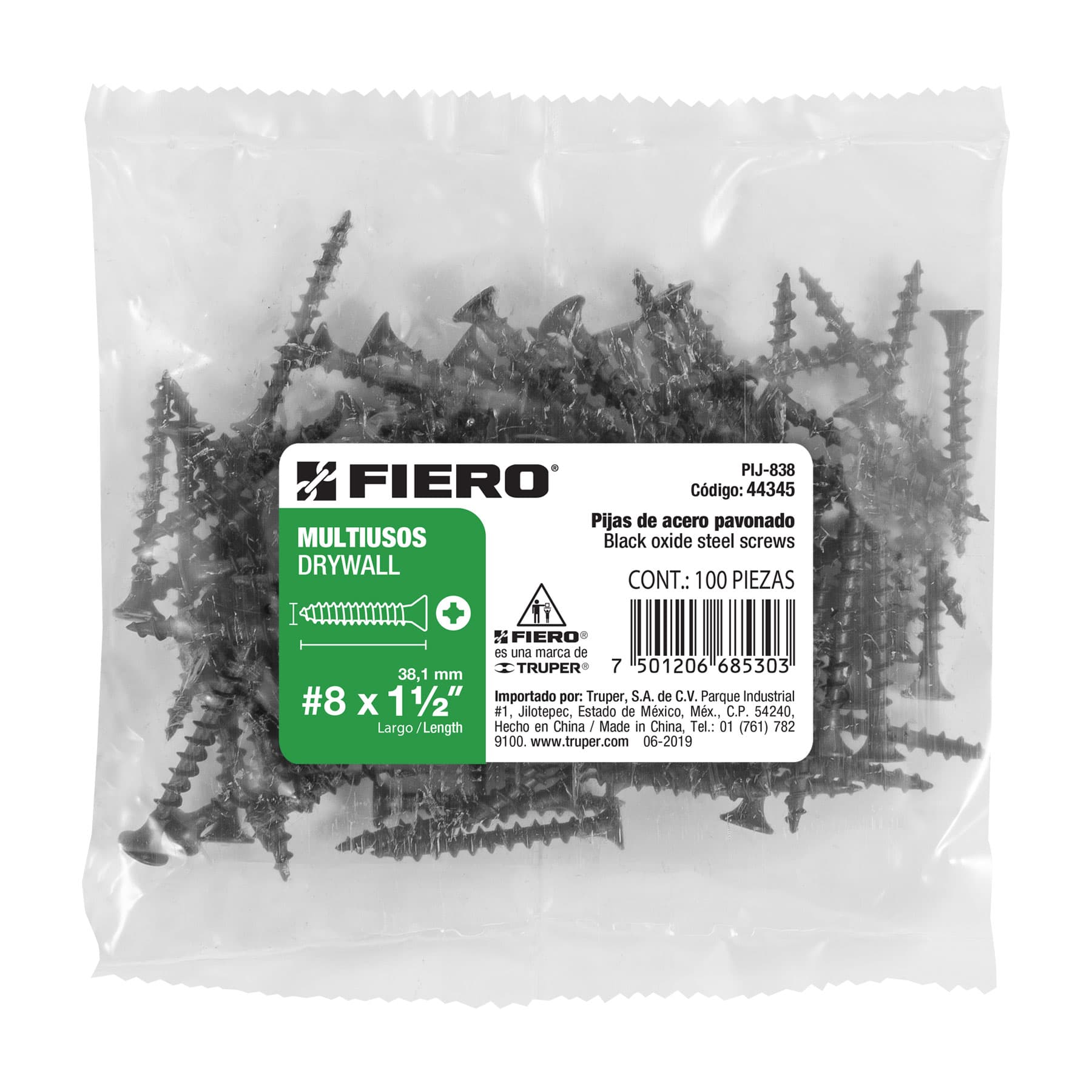 Bolsa con 100 pijas #8 x 1-1/2" multiusos, Fiero