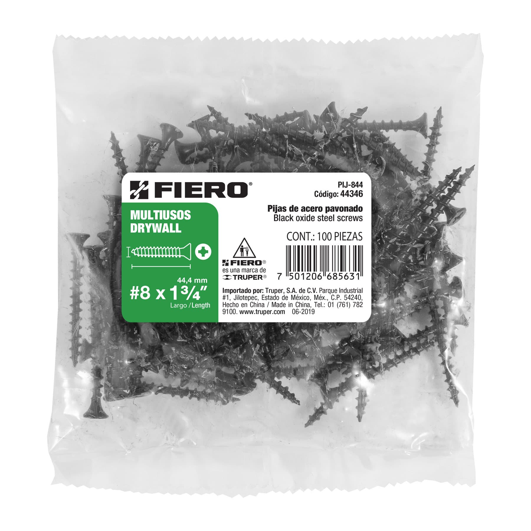 Bolsa con 100 pijas #8 x 1-3/4" multiusos, Fiero