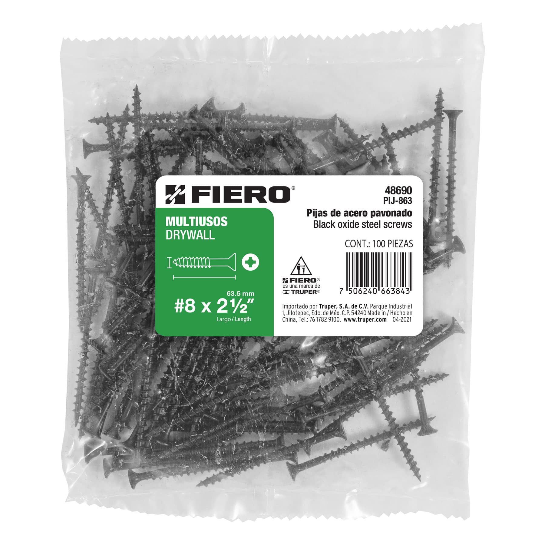 Bolsa con 100 pijas #8 x 2-1/2" multiusos, Fiero