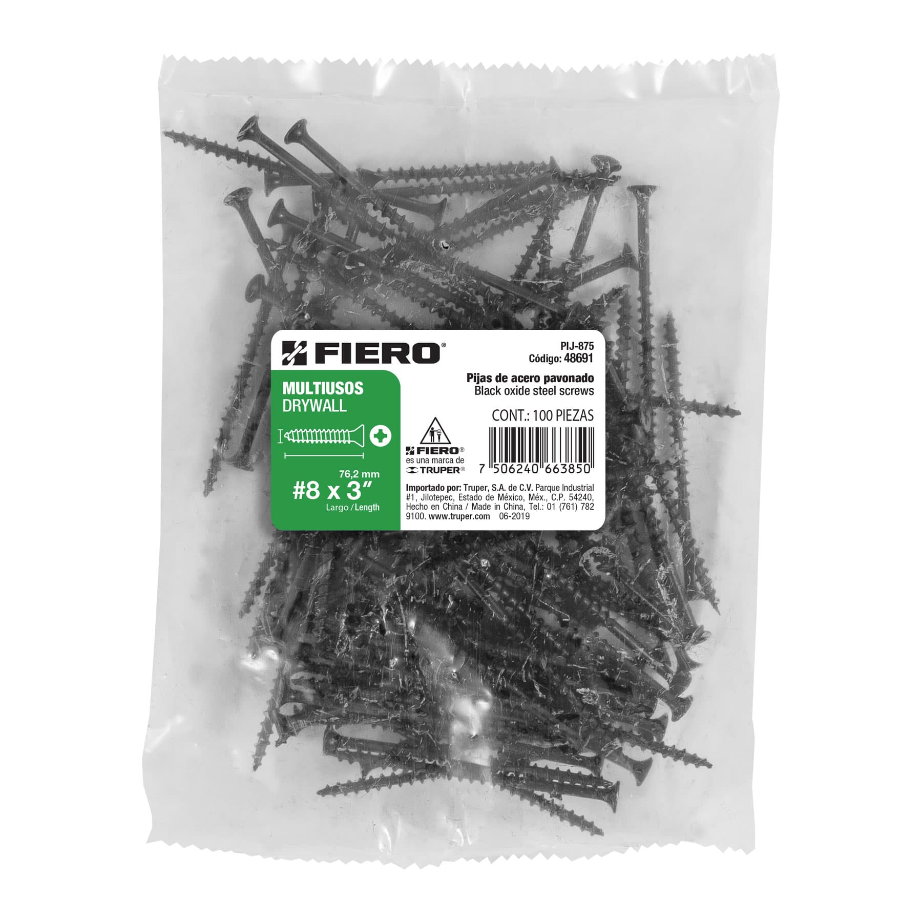 Bolsa con 100 pijas #8 x 3" multiusos, Fiero