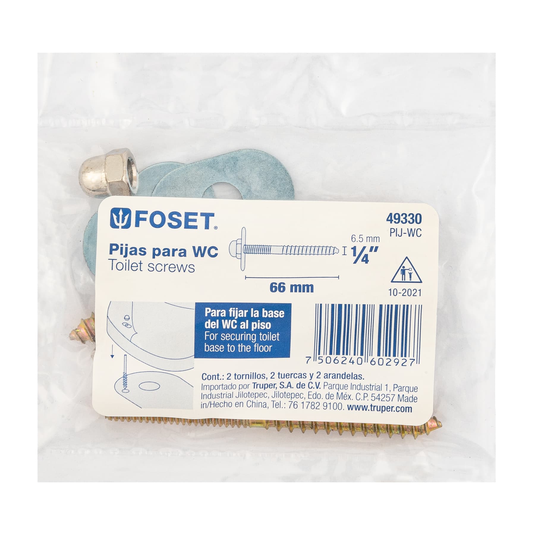 Bolsa con 2 pijas 1/4" x 66 mm para base de WC a piso, Foset