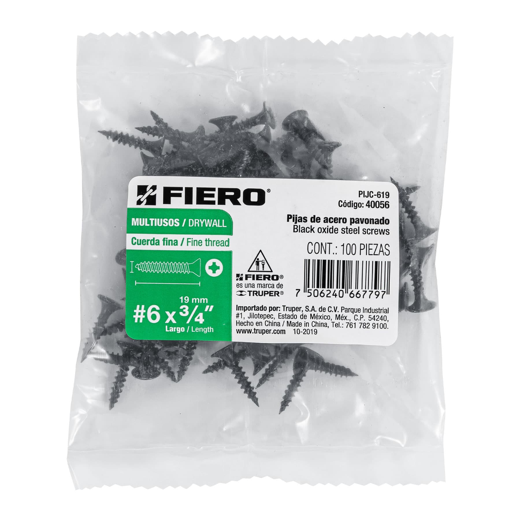 Bolsa con 100 pijas #6 x 3/4" multiusos cuerda fina, Fiero