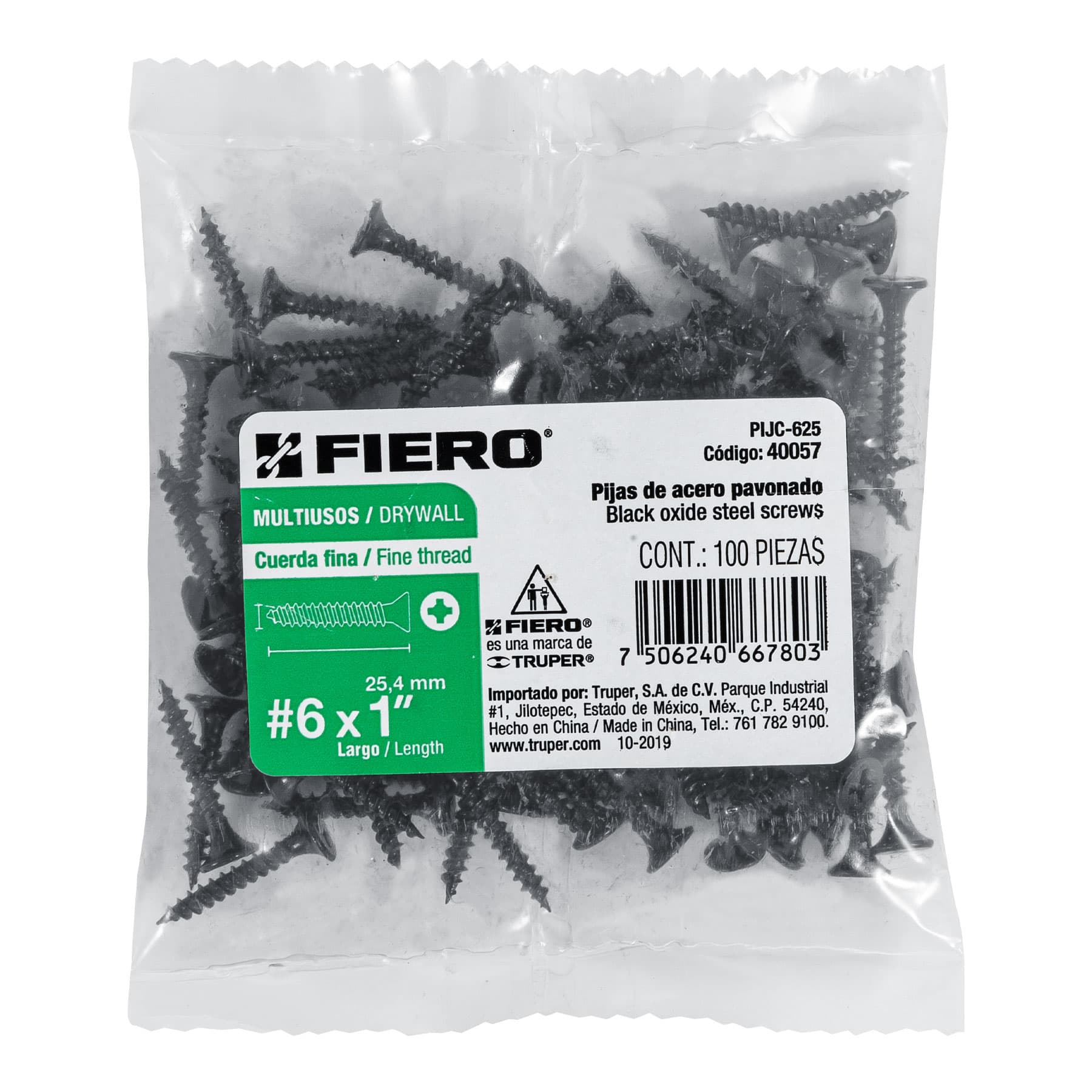 Bolsa con 100 pijas #6 x 1" multiusos cuerda fina, Fiero