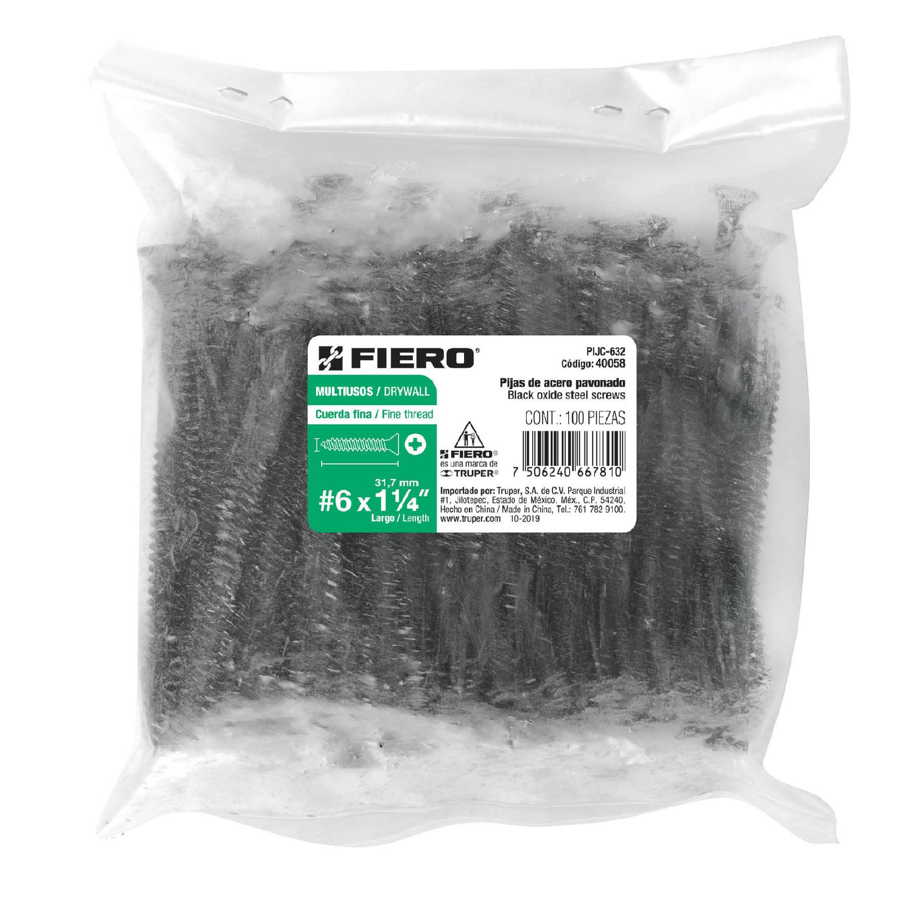 Bolsa con 100 pijas #6 x 1-1/4" multiusos cuerda fina, Fiero